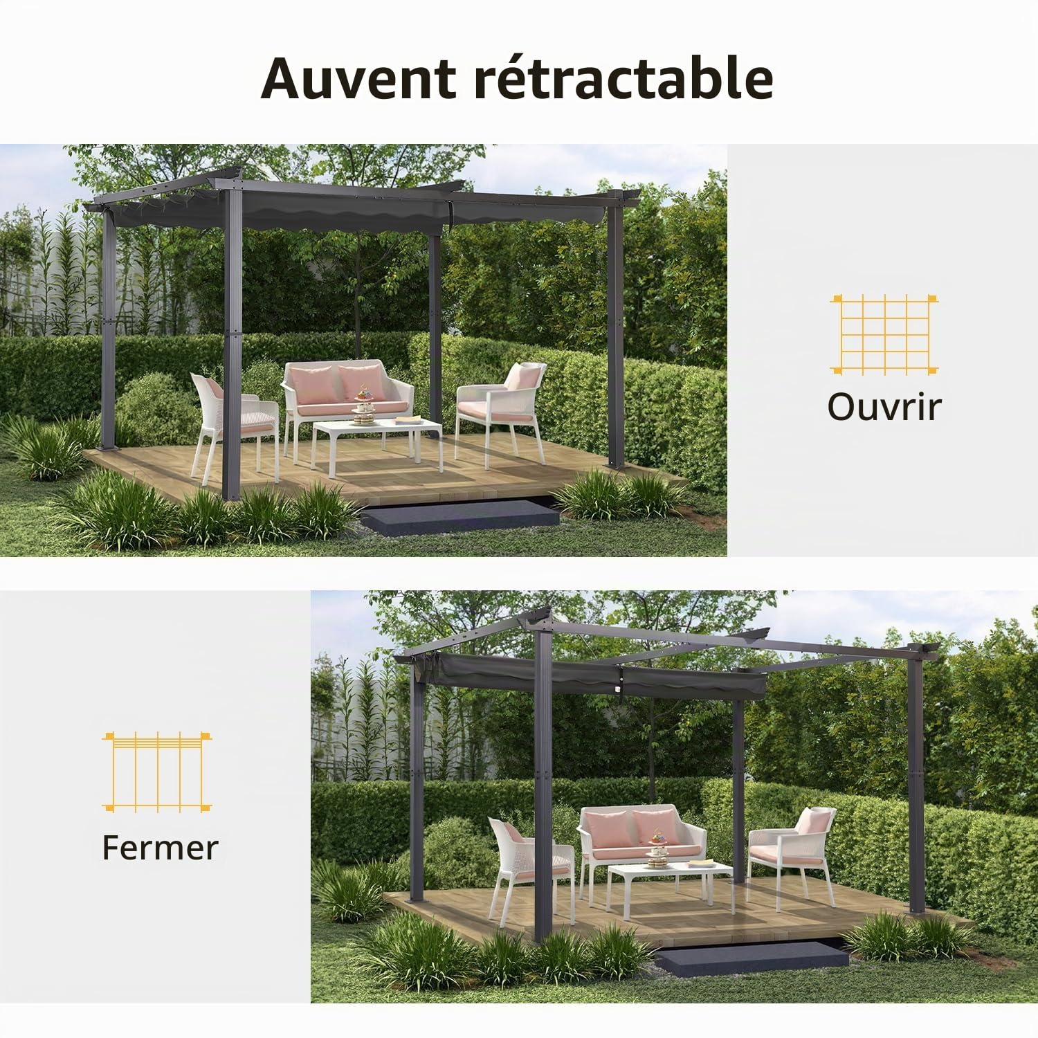 Angel Living Pergola en Aluminium, 4x3M, Coulissante Rétractable, Tissu en Polyester Haute Densité Hydrofuge et Résistant aux UV, Abri Soleil Pavillon de Jardin pour Jardin Terrasse, Beige