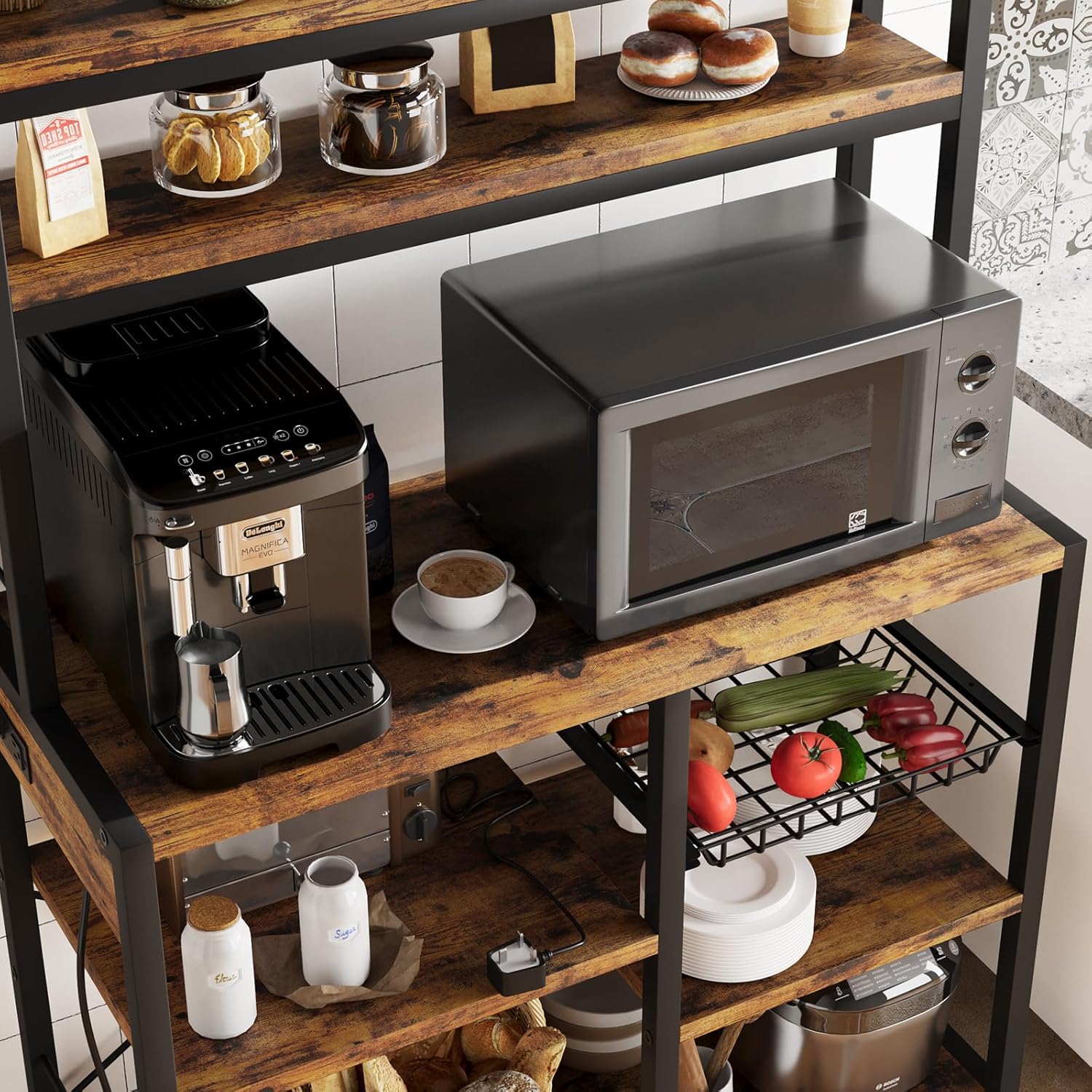 Bakers Rack with Power Outlet, Kitchen Microwave Stand, 6 Tiers Coffee Bar Station with Storage Shelves and Basket, Industrial Microwave Oven Rack for Dining Living Room, Rustic Brown