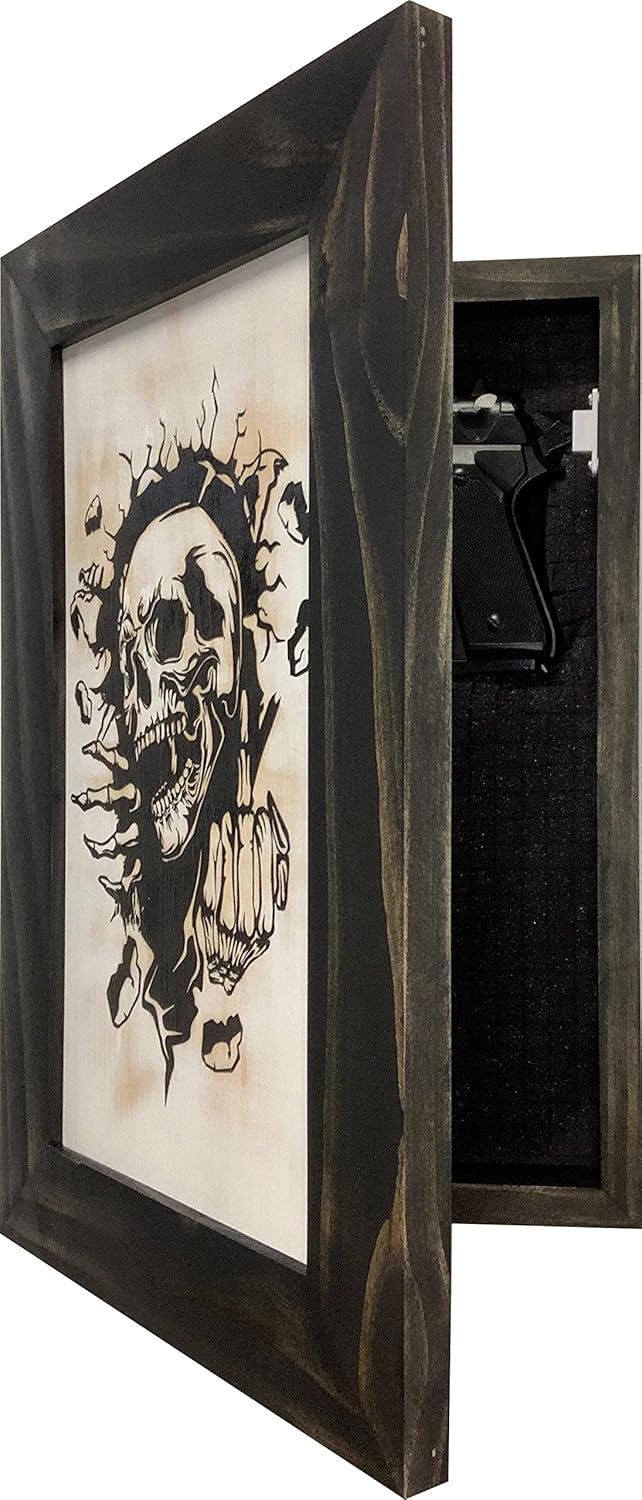 Bellewood Designs Hidden Gun Cabinet with Skull Giving Middle Finger to Securely Store and Conceal Your Gun