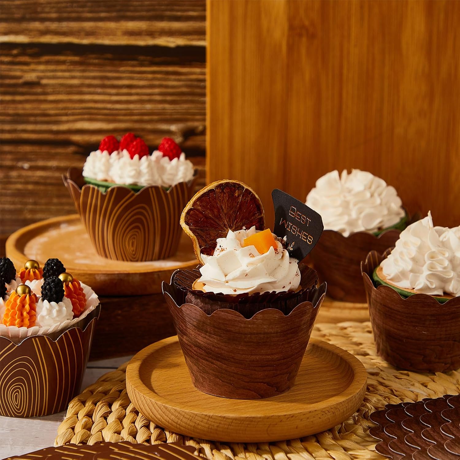 Chengu 60 Pcs Wood Grain Cupcake Wrappers Cup Cake Wraps for Baby Shower image 5