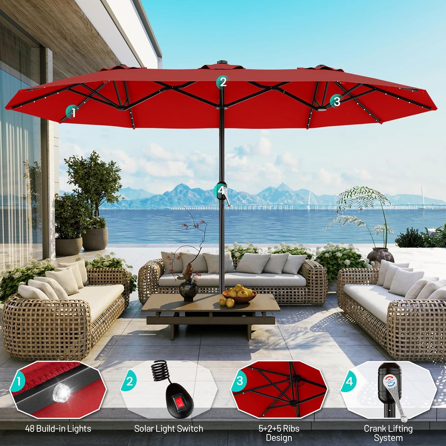 AreShark 13 FT Patio Umbrella with Solar Lights, Double-Sided Outdoor Table Umbrellas with Crank, Large Rectangular Market Umbrella for Porch, Lawn, Pool, Backyard, Red Red 6.5x13 Ft