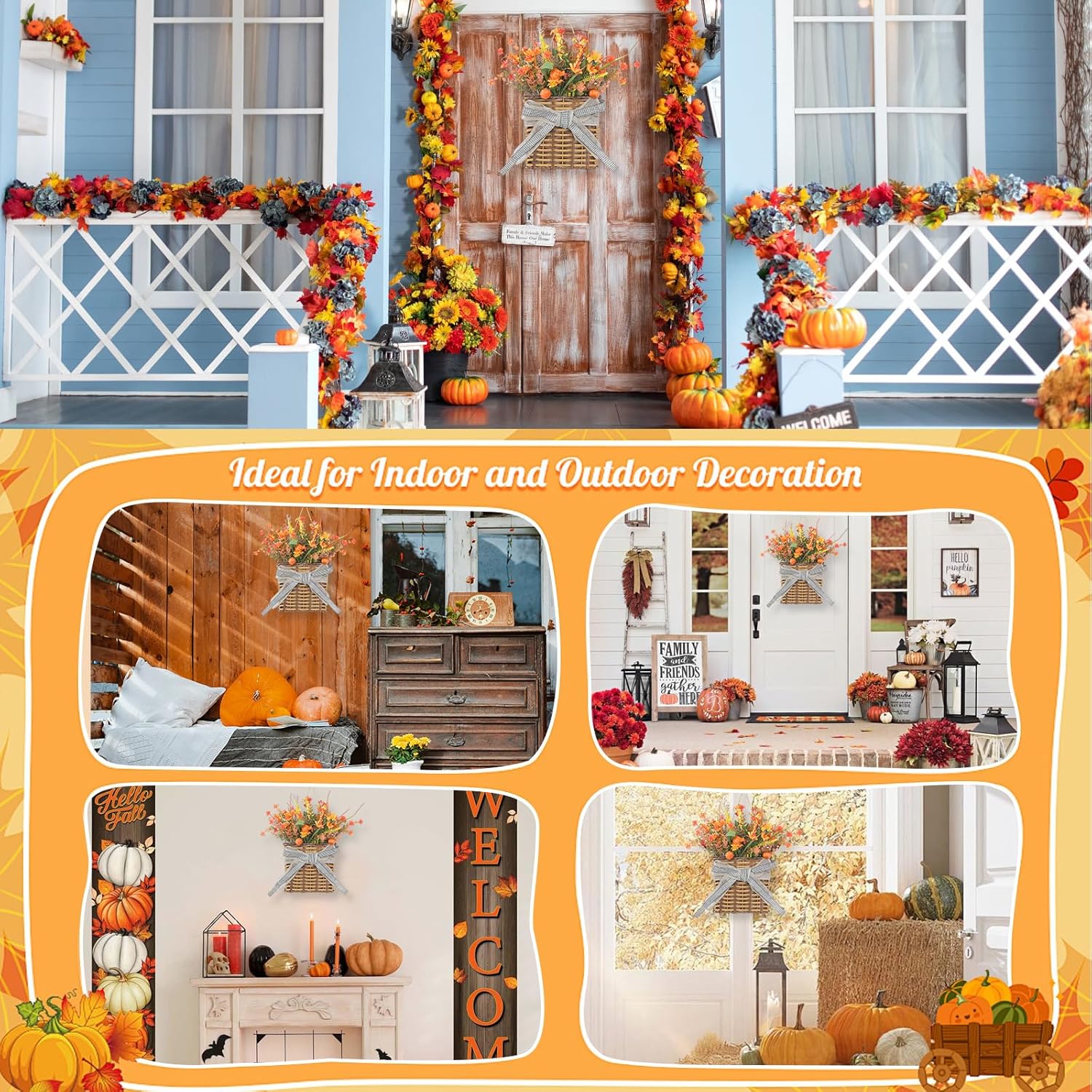 Thanksgiving Fall Door Hanger Basket Wreath Orange Pumpkin Wreath, Artificial Autumn Pumpkin Wreaths with Mixed Leaves Sunflower for Front Door Indoor Outdoor Decor Farmhouse Harvest Orange Wreaths - Image 3