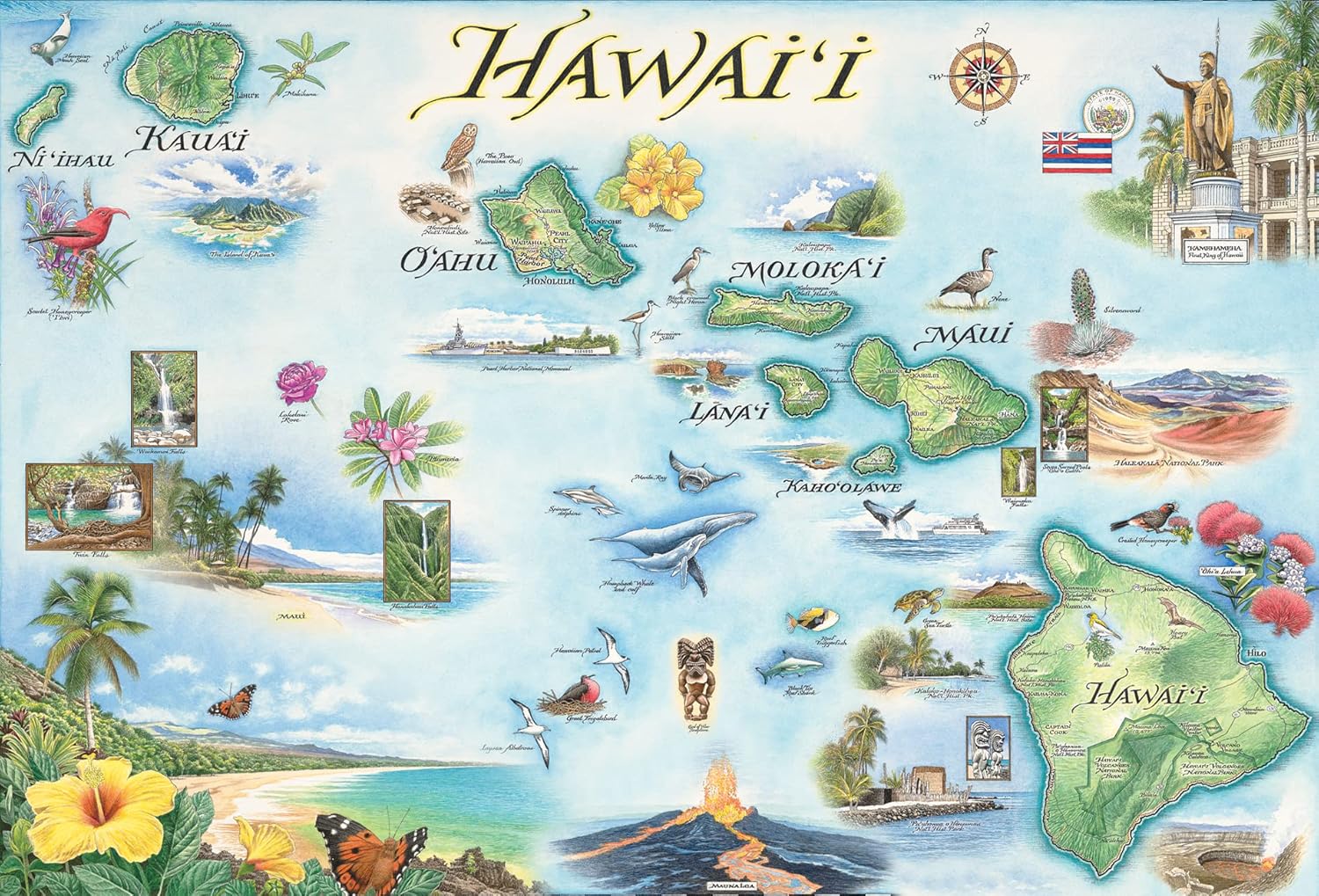 Xplorer Maps Hawai'i Islands Map Poster – 24x18 Vintage-Style Lithographic Print with Soy-Based Inks – Made in USA