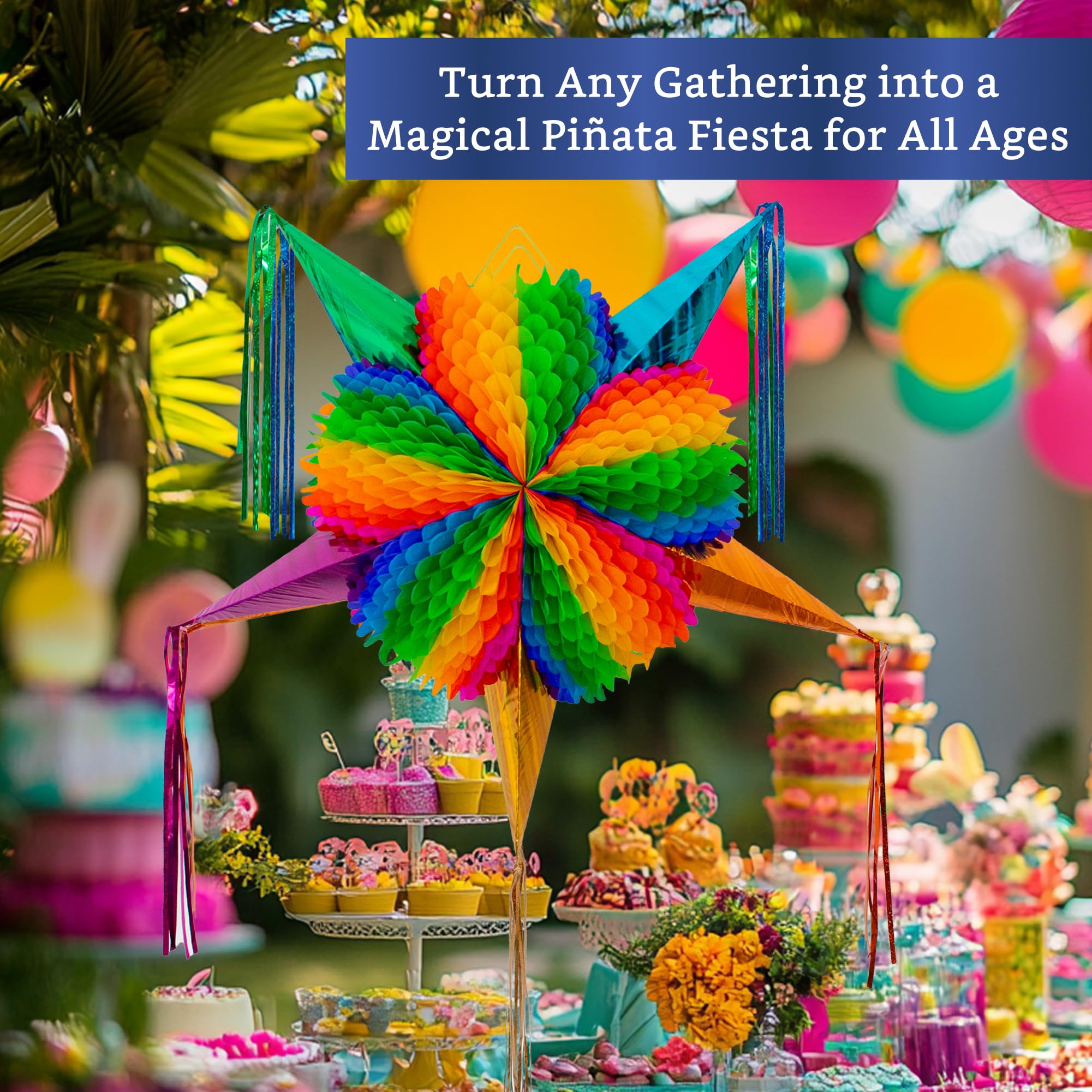 Mexican Piñata (X-Large 35 inches) - Rainbow Piniata - Authentic Handmade Foldable Large Pinata for Birthday Party - Piñatas para Cumpleaños - Mexican Star Pinata - Cinco de Mayo Pinatas