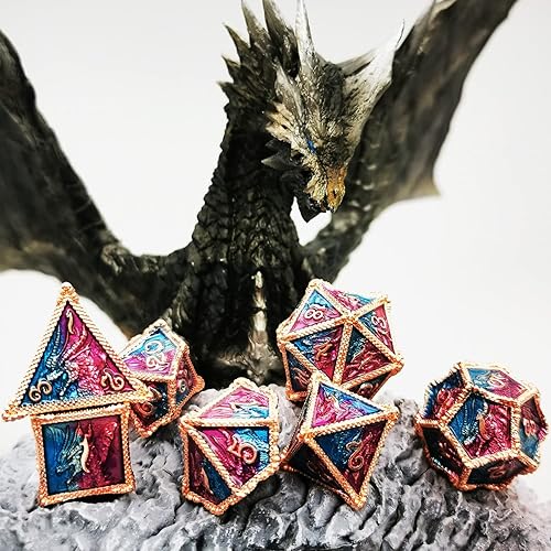 Miniatura 3 de HAOMEJA DND - Juego de dados metálicos de dragón, 7 dados para juegos de rol, dados sólidos D&D, Calabozos y dragones (rojo, cobre, azul y morado)