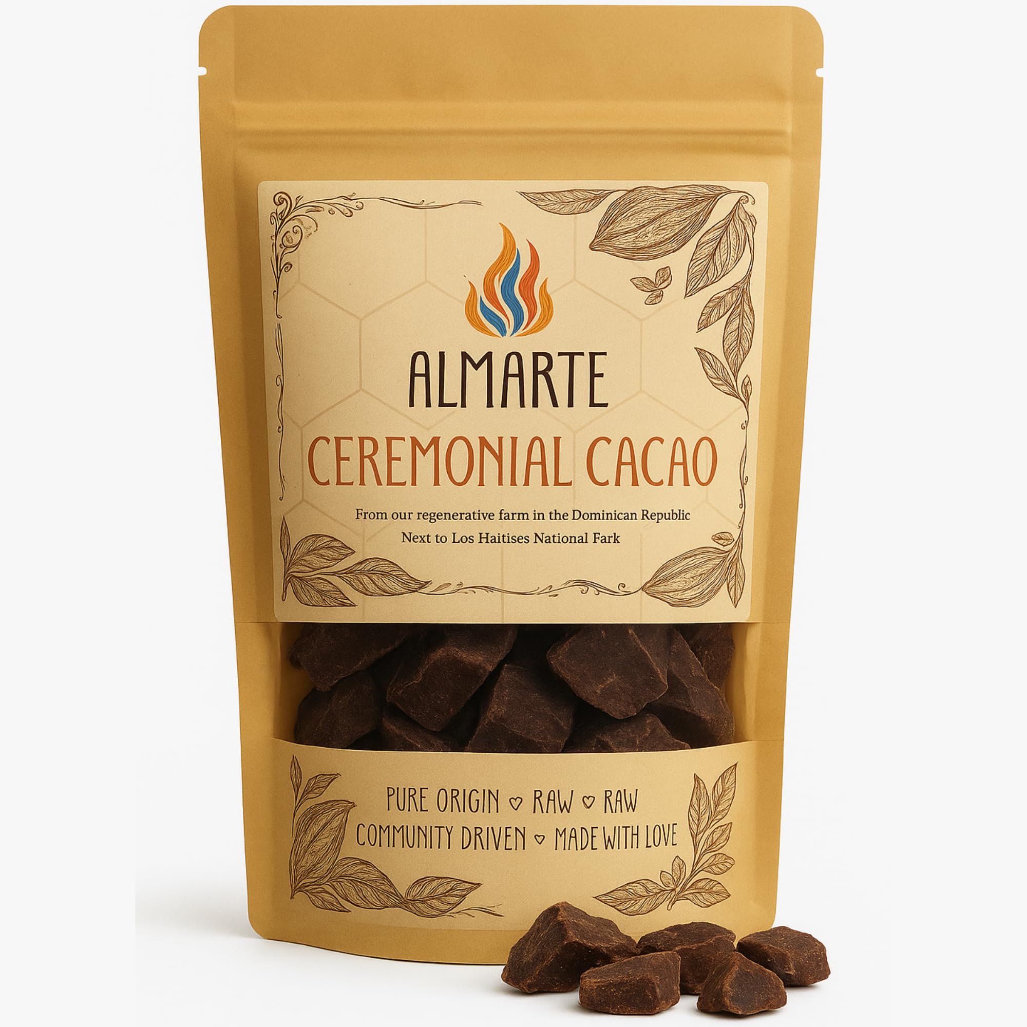 ALMARTE Cacao ceremonial, 250 g, 100% crudo y puro, República Dominicana | Medicina abridora de corazón | Single Origin Bio | Granja regenerativa | Teobromina Energía | Sustituto de café