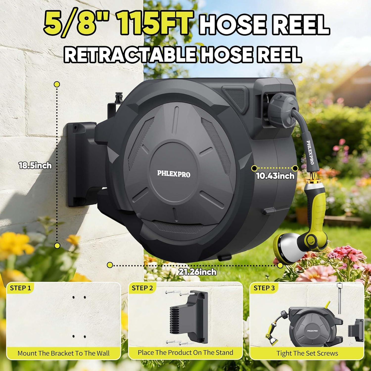 Retractable Garden Hose Reel 5/8 in x 115 ft Heavy Duty Automatic Water Hose Reel Wall Mounted with 10 Pattern Nozzle,Any Length Lock, Slow Return System, 180°Swivel Bracket
