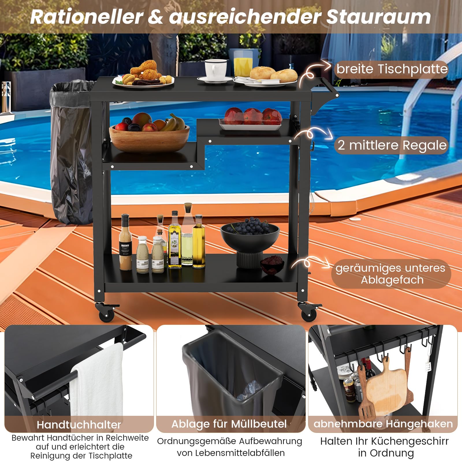 COSTWAY Grillwagen Grilltisch Outdoor, Pizzatisch mit 4 Ablagen & 4 Rollen & Haken, Grill Beistelltisch Servierwagen Garten Trolley für den Außenbereich, 85 x 50,5 x 93 cm (4 Ablagen)