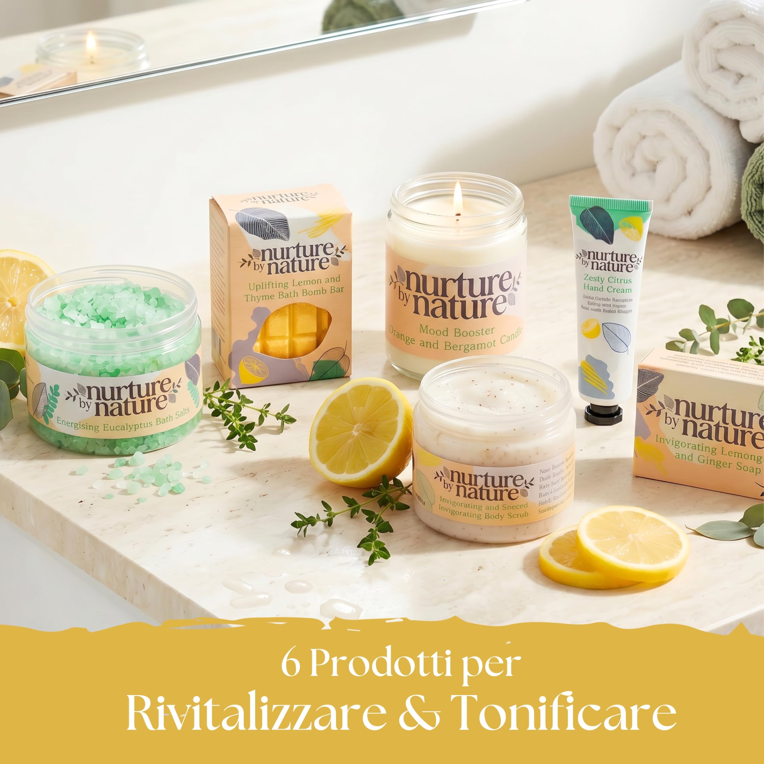 RELAX & ENERGIA | Set regalo spa da bagno di Nurture by Nature | Sali da bagno, scrub corpo, bomba da bagno, candela profumata, crema mani, sapone | Agrumi, Eucalipto | Regalo per donna, uomo