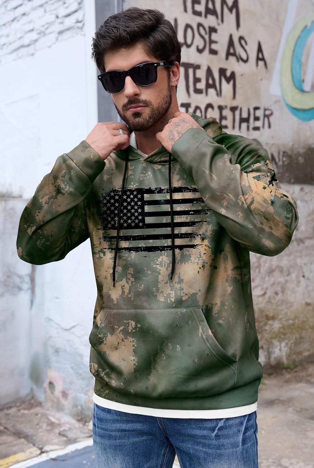 Mainfini Men's American Flag Camo Hoodie Fleece-Lined Patriotic Military Sweatshirt with Kangaroo Pocket (S-3XL) - Image 4