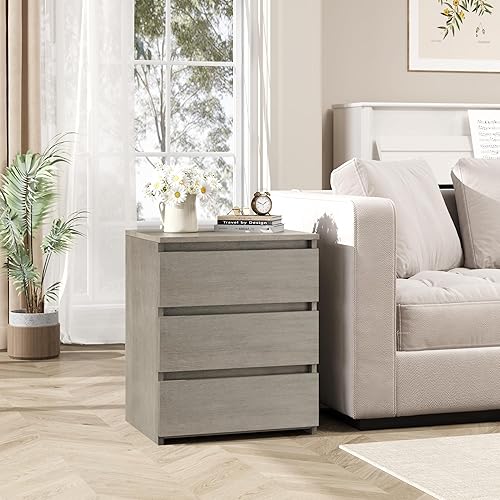 Miniatura 2 de FOTOSOK Juego de 2 mesitas de noche con 3 cajones, mesita de noche para dormitorio con asa recortada, mesa auxiliar de sofá con 3 cajones para