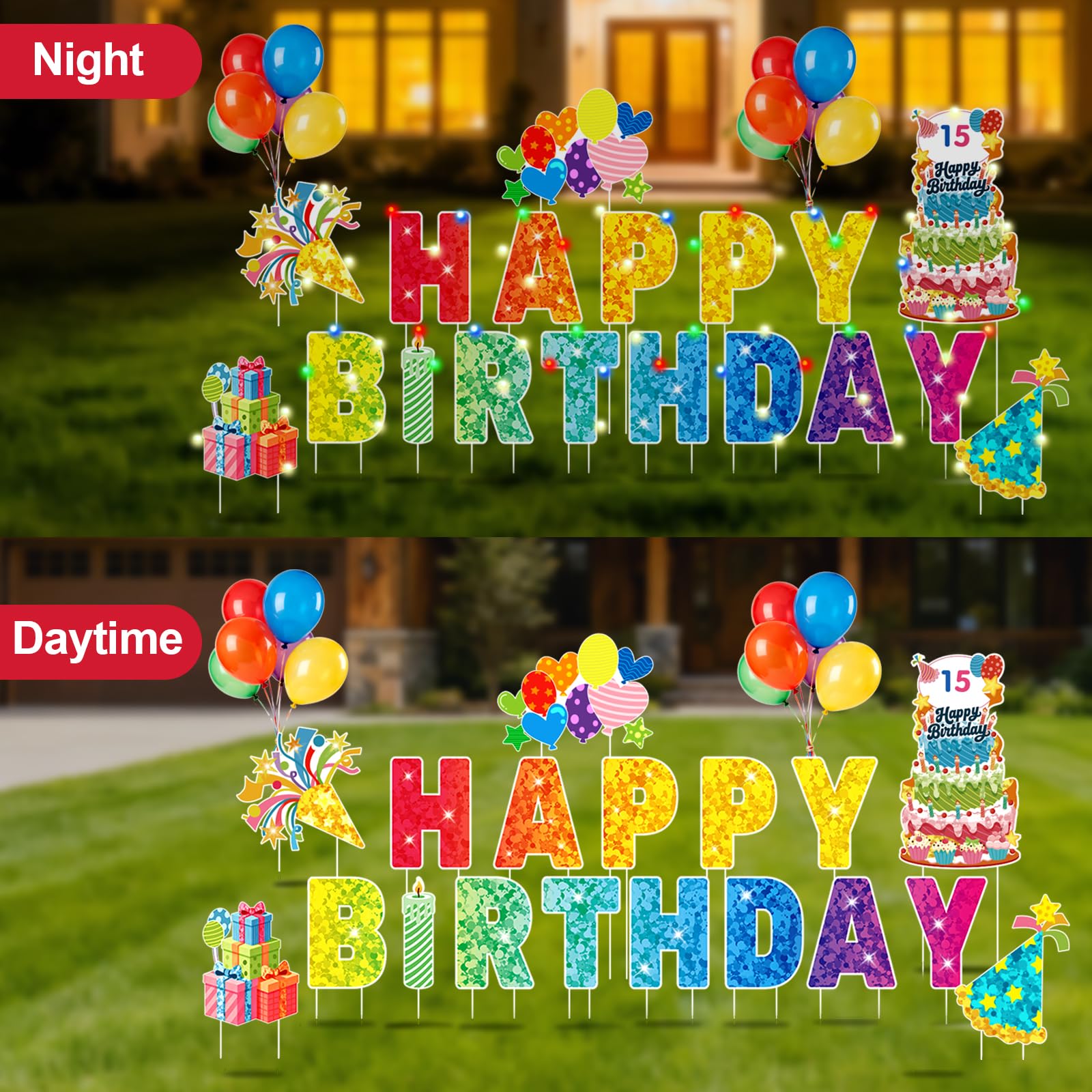 'Happy Birthday' znaki podwórkowe dekoracje zewnętrzne – zestaw 19 szt. z literami 40 cm, duży znak na tort na metalowym stojaku w kształcie litery H, światła LED i słupki na trawnik, ogród