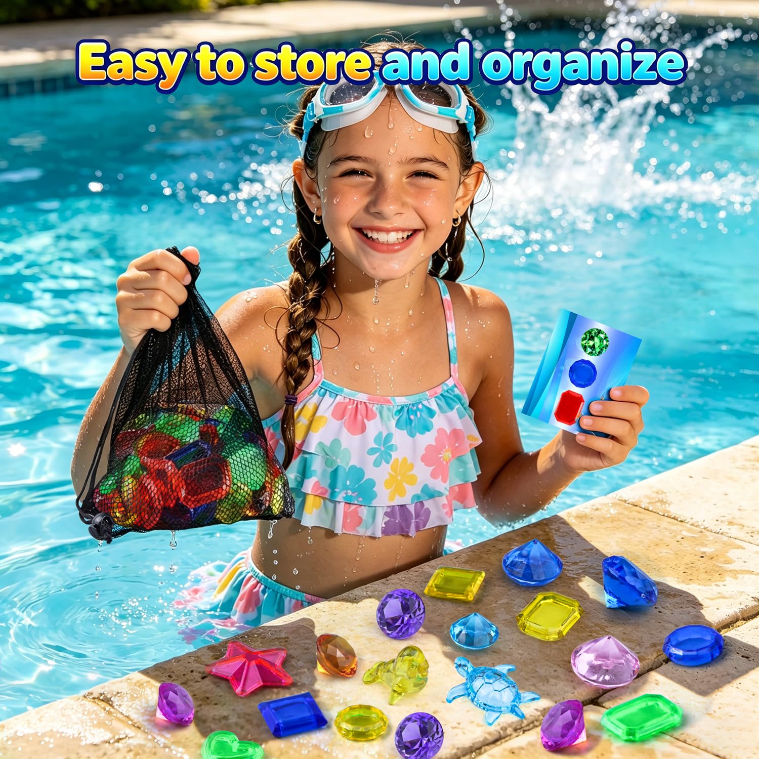SIENON Tauchspielzeug für Kinder, 109 Stück Pool-Spielset für die Unterwasser-Schatzsuche, 60 sinkende Edelsteine, 8 Meerestiere, 1 Piraten-Schatzkiste, 38 wasserfeste Karten, Spaß Wasserspielzeug