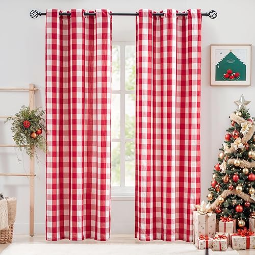 Jubilantex Paneles de cortina semitransparentes a cuadros rojos y blancos, cortinas texturizadas a cuadros, cortinas de ventana de granja con ojales