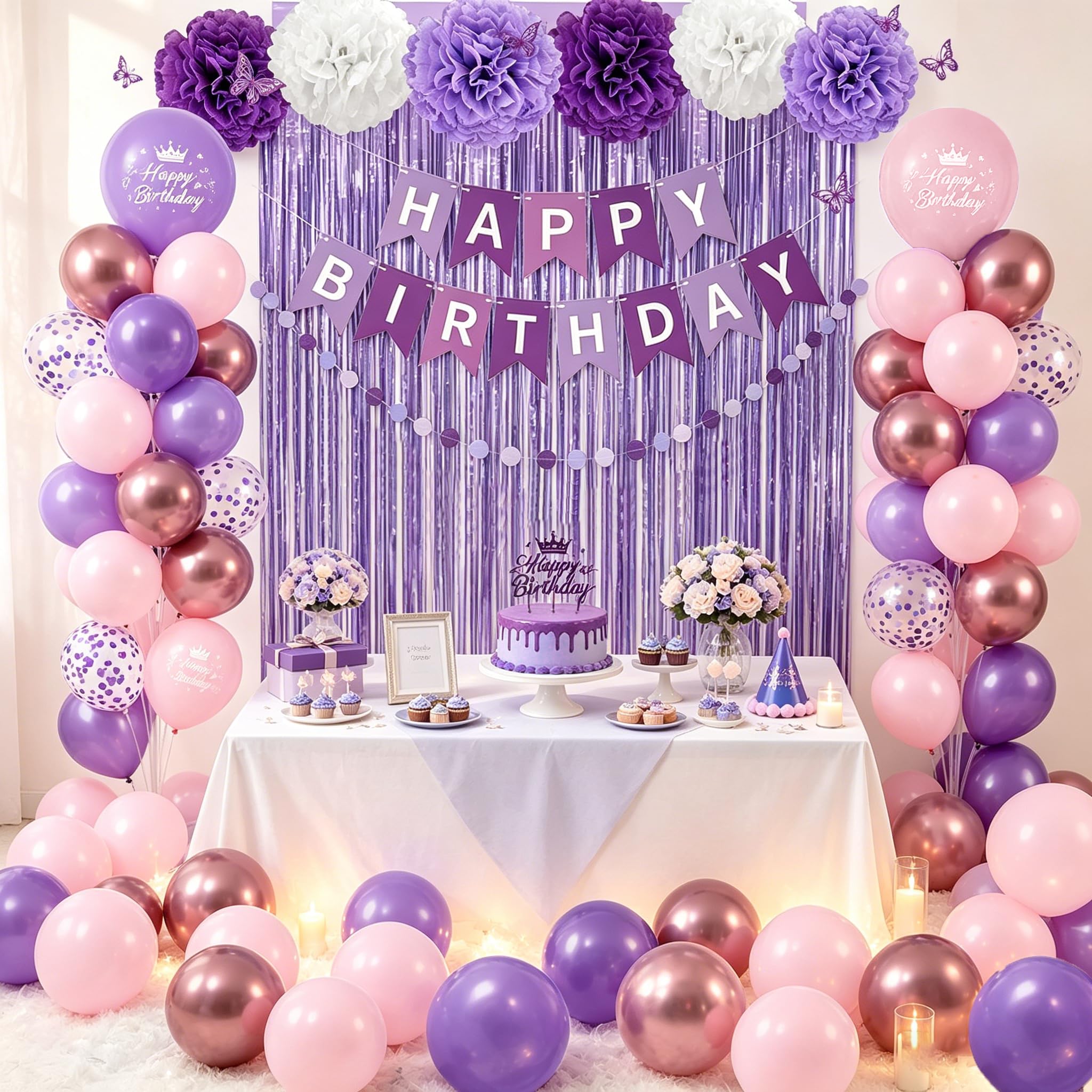 Purple Birthday Decoration for Girls Women-12 Inch Pink Purple White Balloons, Happy Birthday Banner, Tissue Paper Pom Poms, Fringe Curtain, Circle Dots Garland for BD Decor