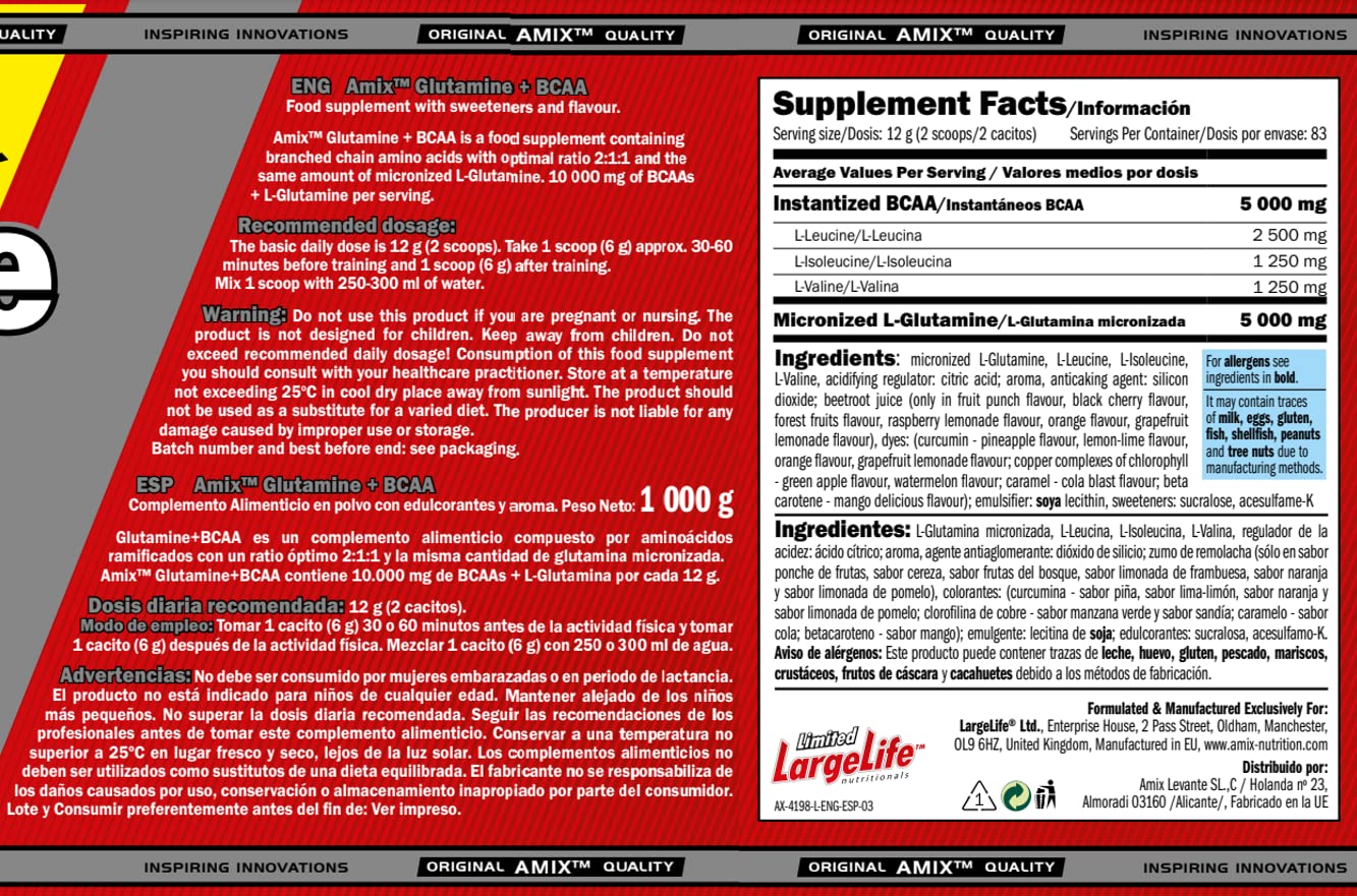 AMIX - Bcaa Glutamina - 1 Kg - Complemento Alimenticio de Glutamina en Polvo - Reduce el Catabolismo Muscular - Óptimo para Deportistas - Sabor Piña - Aminoácidos Ramificados