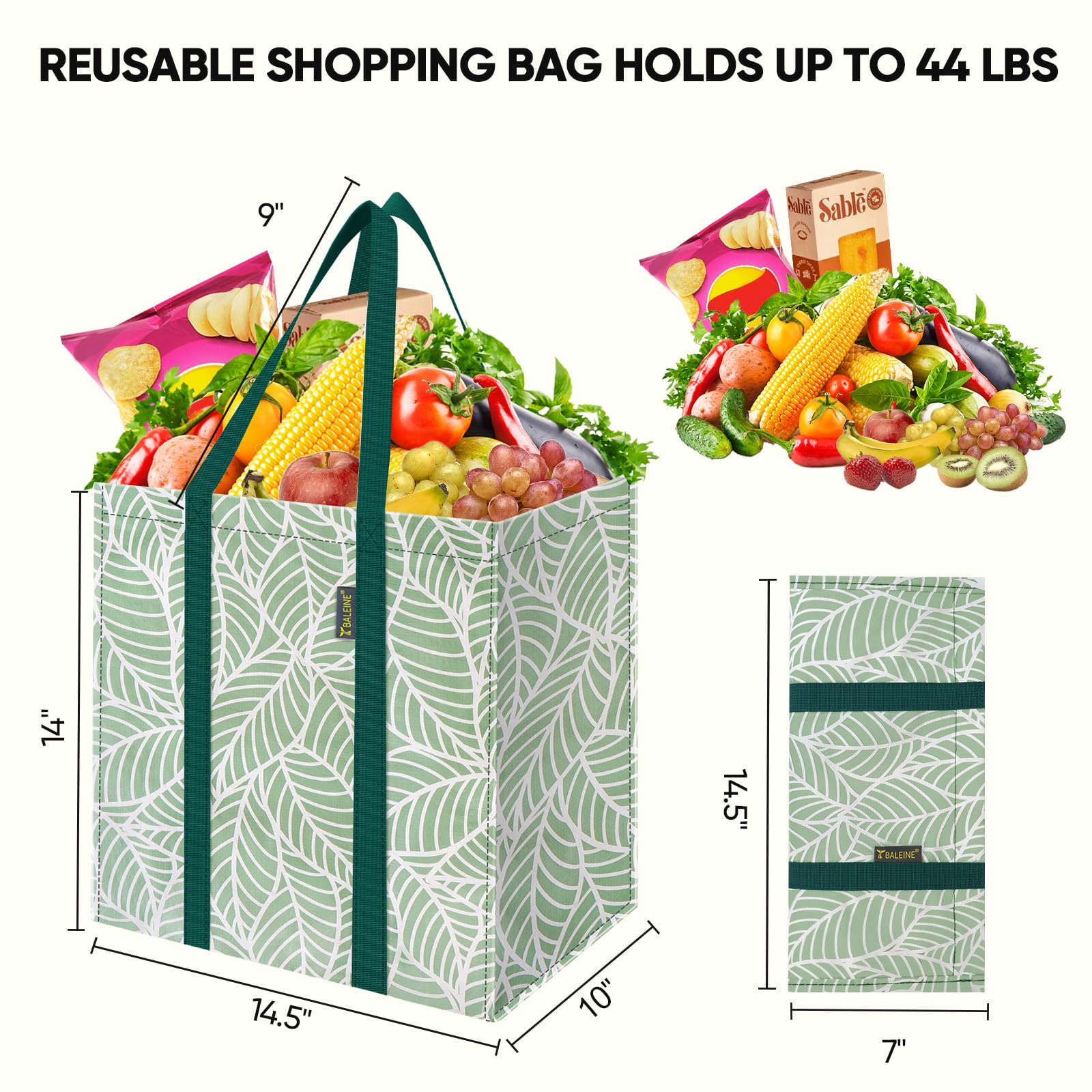 BALEINE Paquete de 4 bolsas de compras reutilizables con parte inferior reforzada, bolsas plegables resistentes (follaje antiguo)