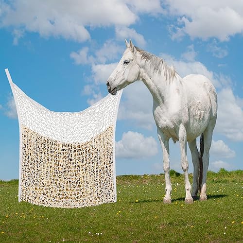 Miniatura 5 de Paquete de 2 redes de heno de mayor capacidad bolsas de alimentación lenta de heno de 35 x 31 pulgadas, agujeros de 1.5 x 1.5 pulgadas para