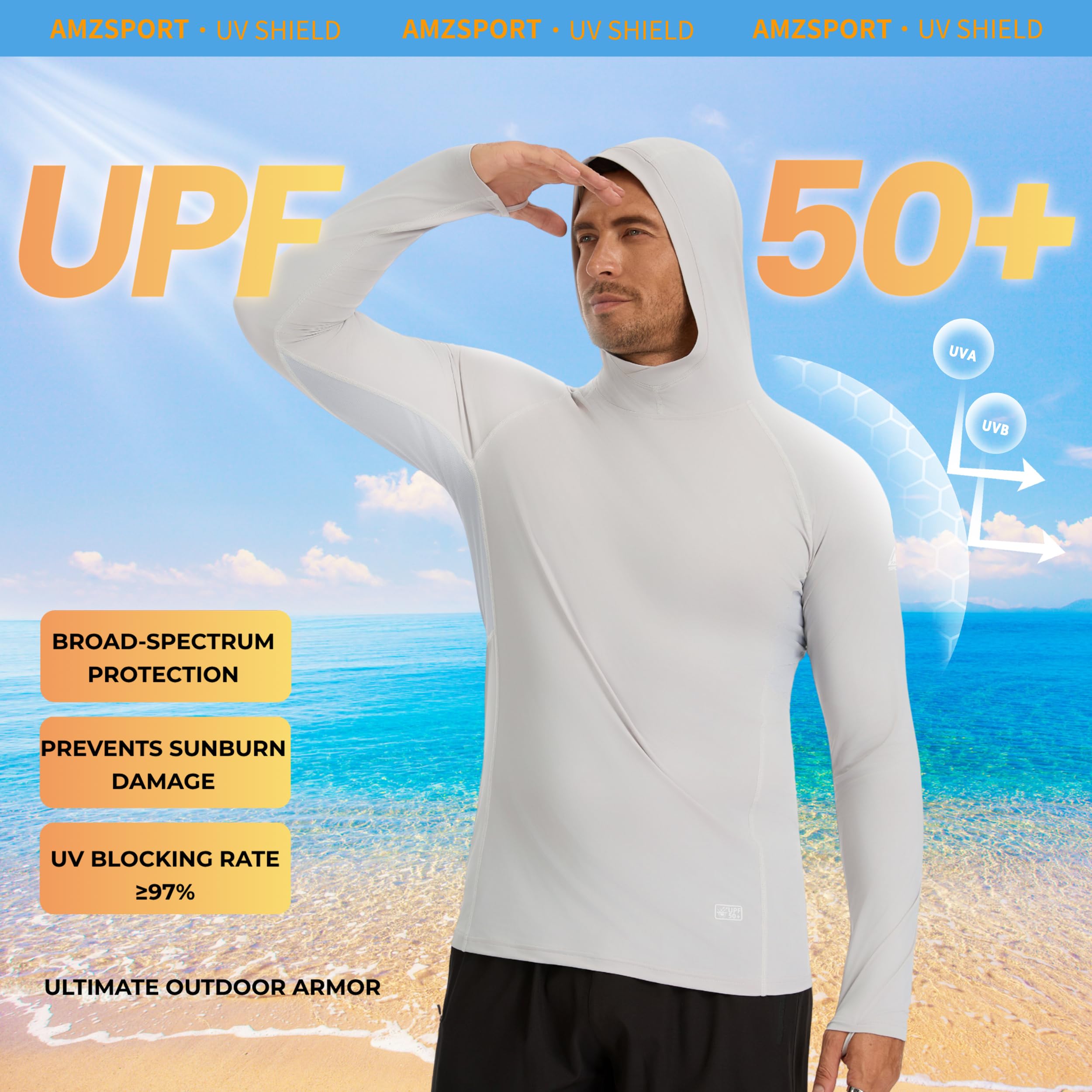 AMZSPORT Sudadera con Capucha UPF 50+ para Hombre, Camiseta de Manga Larga con Protección Solar UV, Rashguard