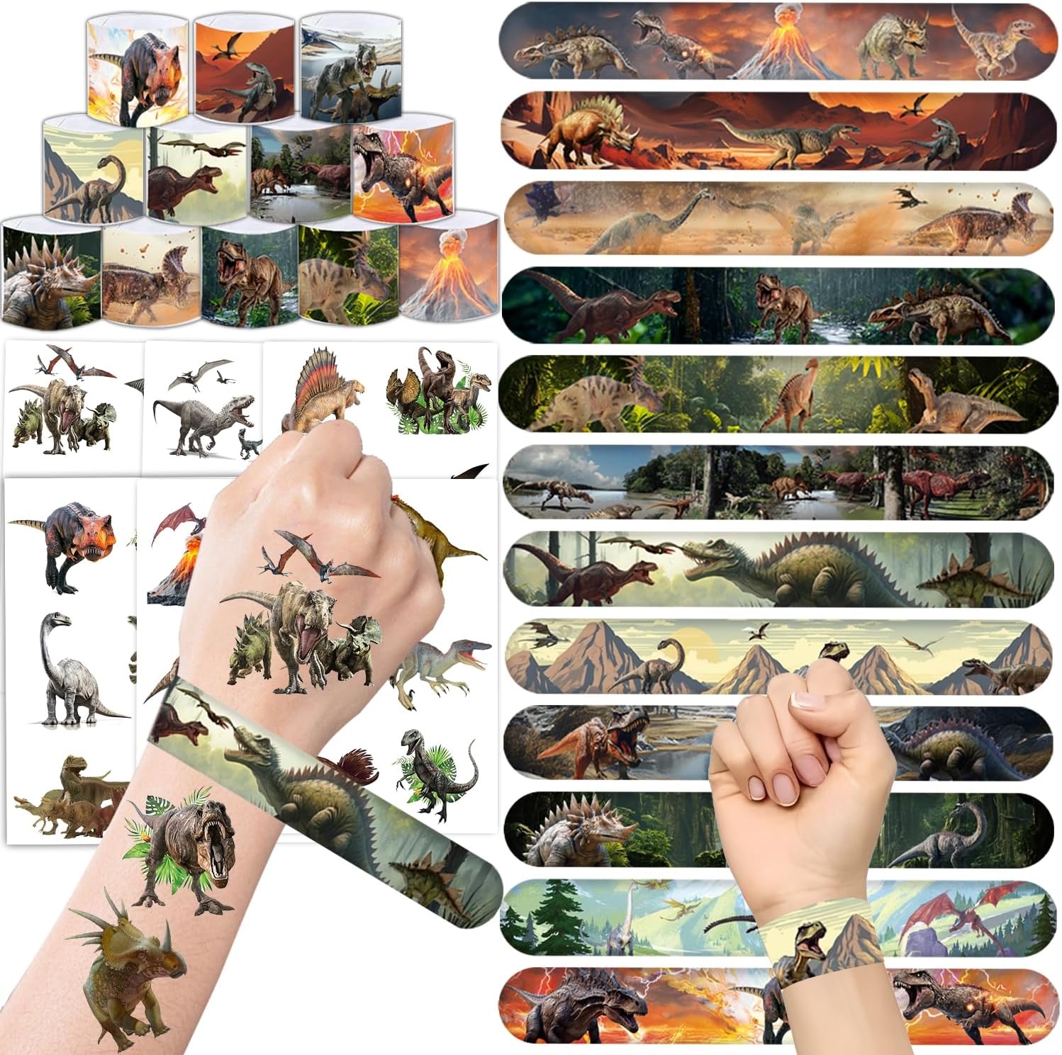 96PCS Realistic Dinosaur Party Favors Set include 72Pcs Dinosaur Temporary Tattoos Stickers, 24Pcs Dinosaur Slap Bracelet for Forest Dinosaur Dino Party Favors Prehistoric Dinosaur Themed Supplies