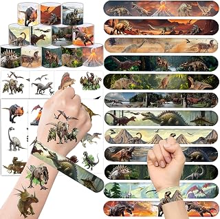 96PCS Realistic Dinosaur Party Favors Set include 72Pcs Dinosaur Temporary Tattoos Stickers, 24Pcs Dinosaur Slap Bracelet for Forest Dinosaur Dino Party Favors Prehistoric Dinosaur Themed Supplies