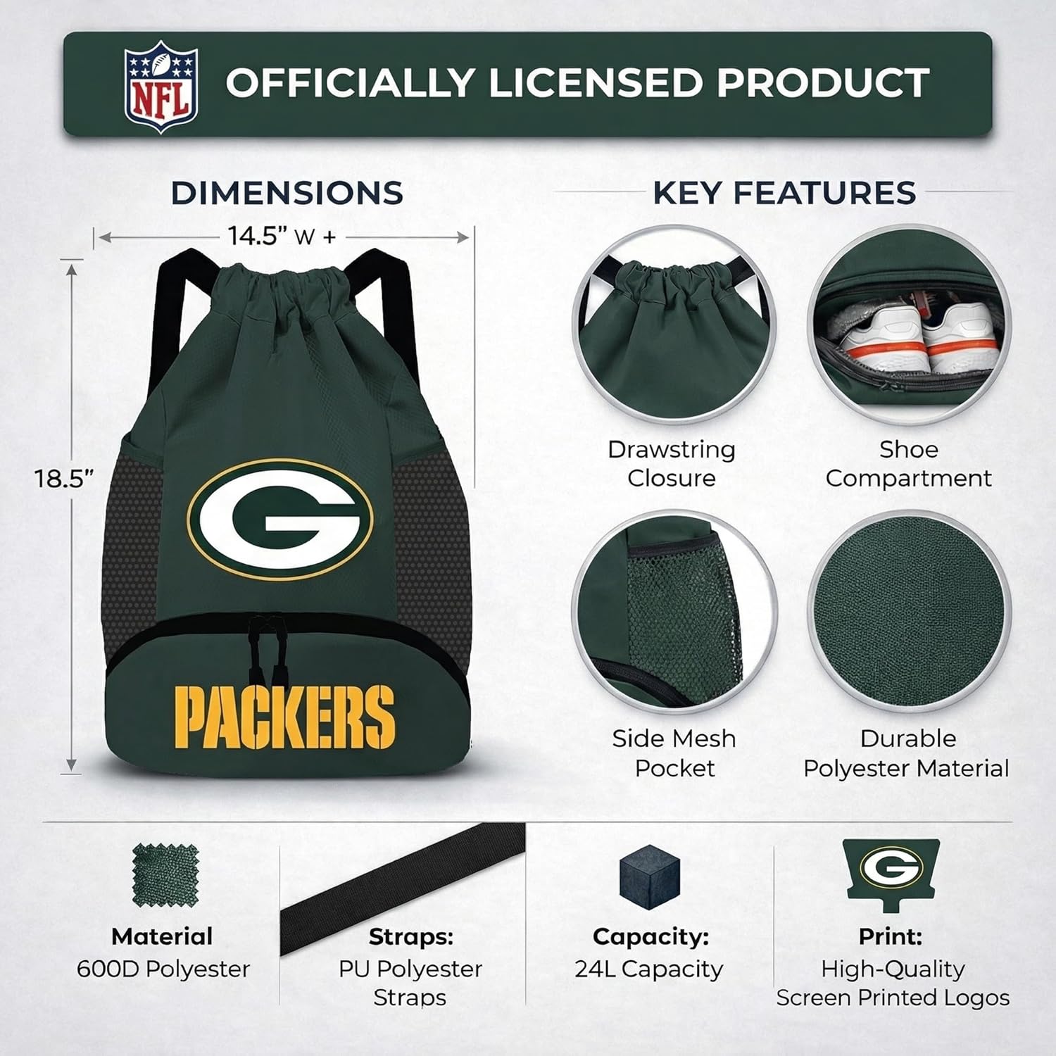 NFL Green Bay Packers Cinch Bag – Standard Logo Drawstring Backpack