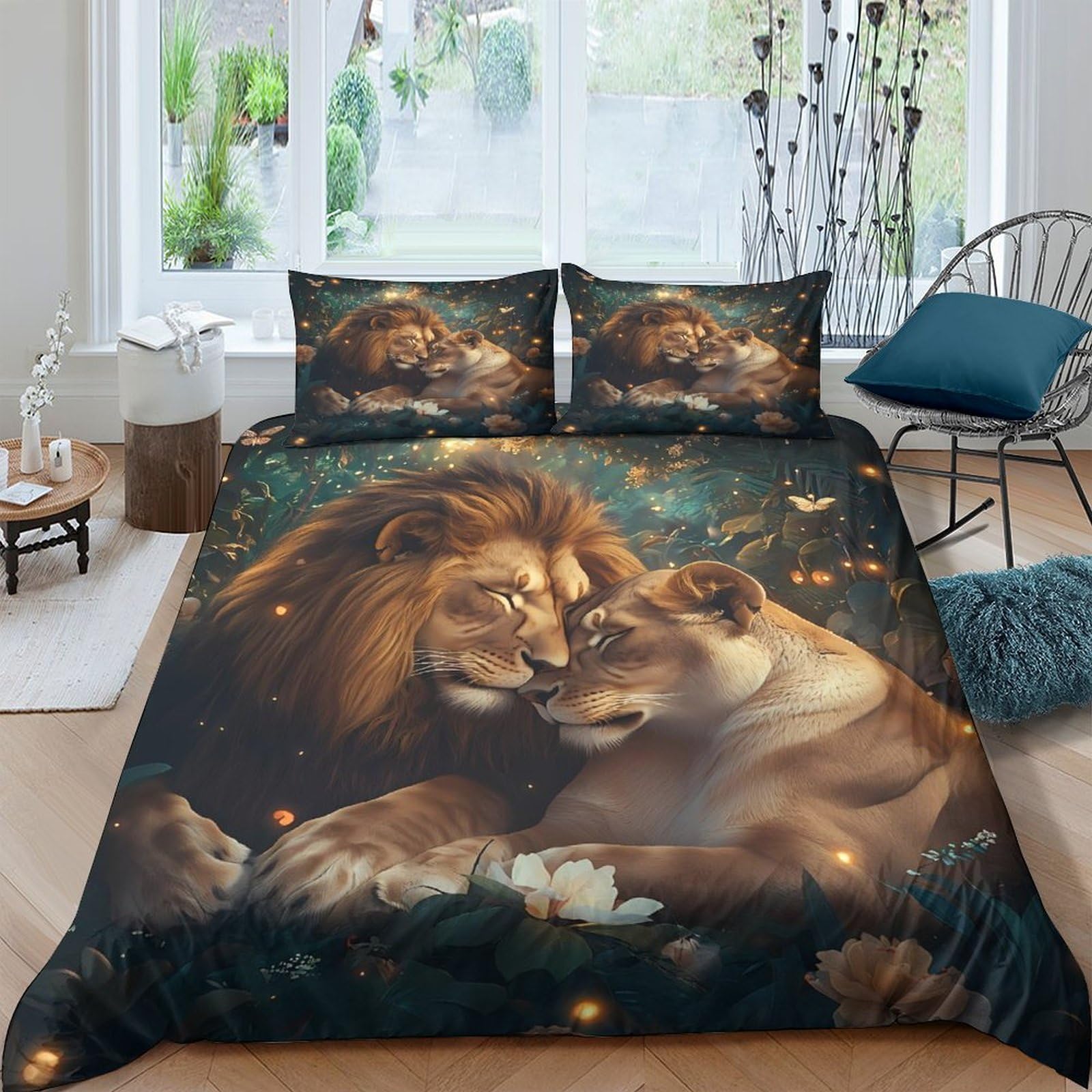 Ctjqhvkz Style-7 3D Printed Lion Couple Fitted Sheet Microfiber Soft Breathable Forest Night Bed Cover For Bedroom Guest Room Decor Single（135X200cm）