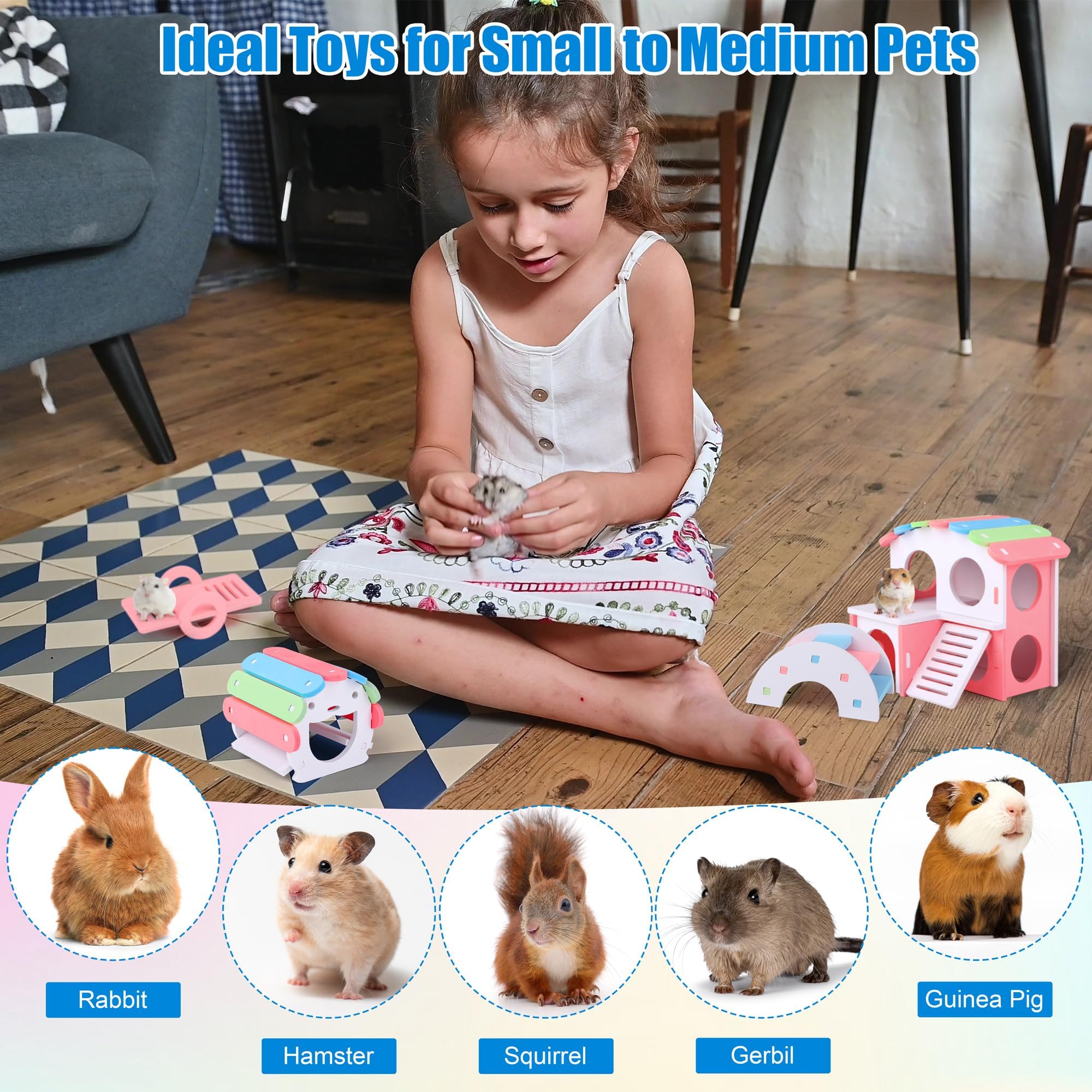 MCEAST 10-teiliges lustiges Hamsterspielzeug-Set beinhaltet DIY Holz Rennmäuse Versteck Hamsterhaus Regenbogen Brücke Wippe Schaukel Roller Haustier Übung Kauspielzeug Meerschweinchen Käfig Zubehör