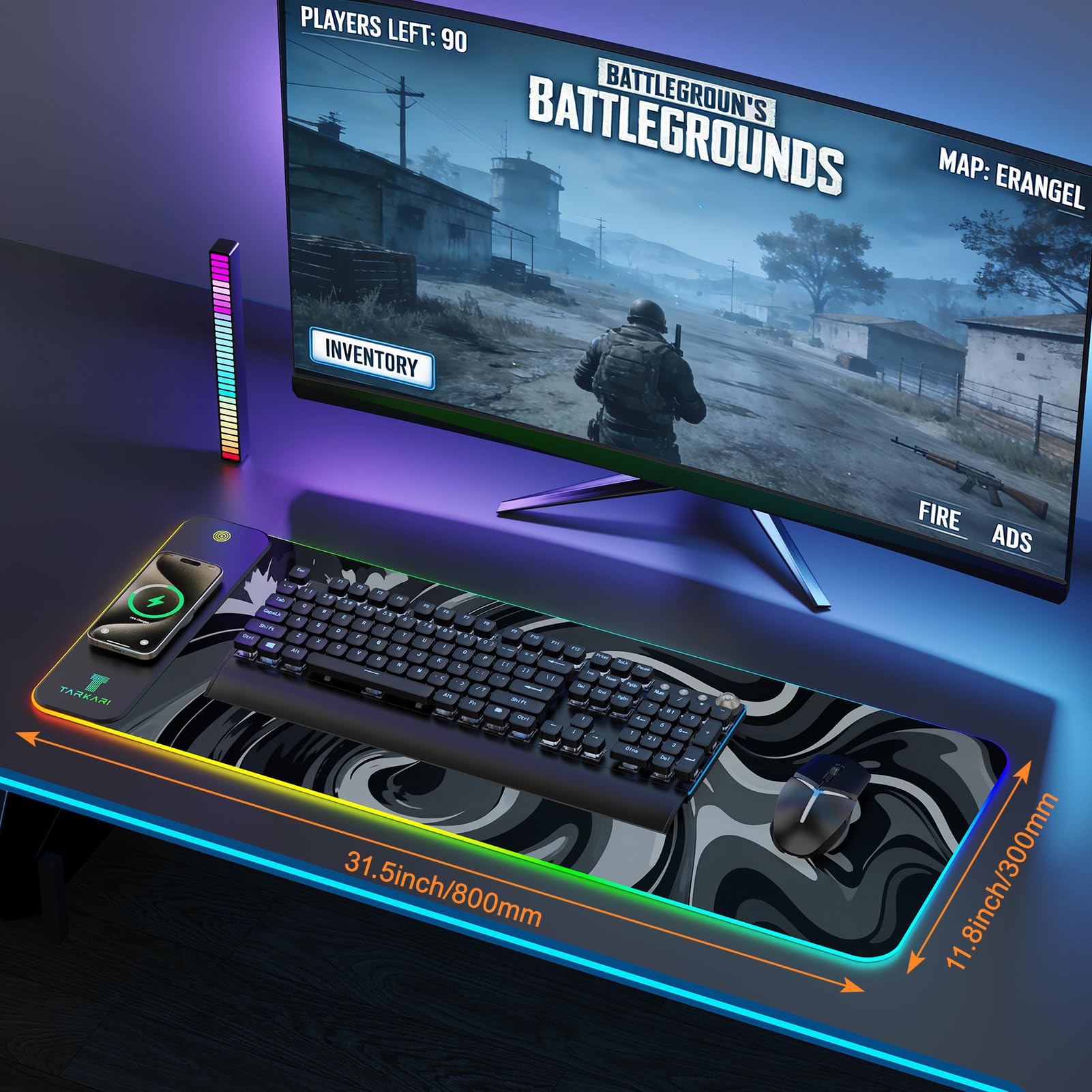 TARKARI Tappetino per mouse RGB con ricarica wireless magnetica, grande, impermeabile, 80 x 40 cm, superficie ultra liscia, base in gomma antiscivolo, tappetino da scrivania per tastiera e laptop