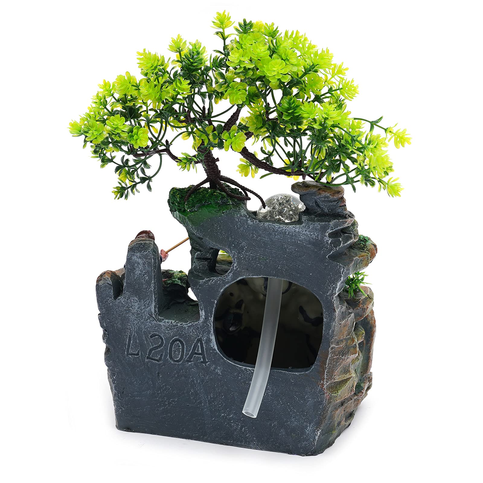 Fontanna stołowa Zen LED Wodospad Feng Shui Fontanna z żywicy Ogród Skalny Rybak Rybak Drzewo Pomysł Prezent do medytacji i relaksu - H 30 cm