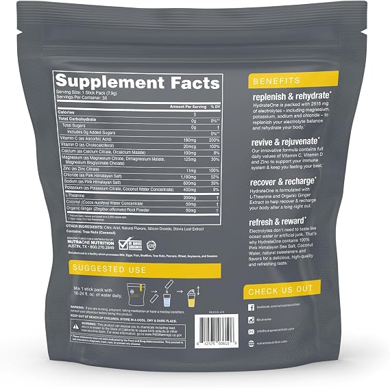 NutraOne HydrateOne, Electrolyte Drink Mix On-The-Go | Lemon and Lime, 30 Servings