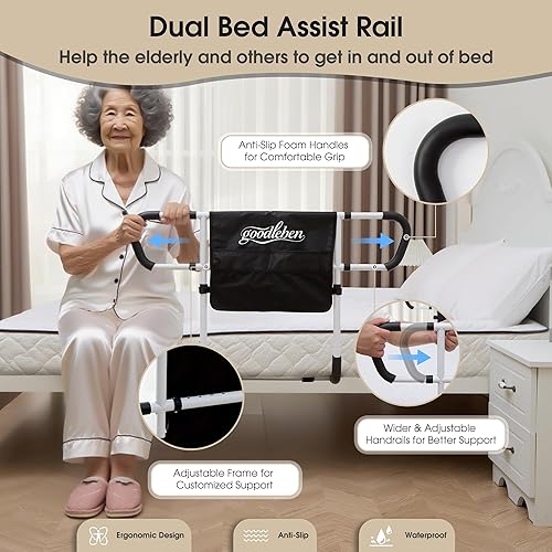 Vista 4 de Barandilla doble para cama para seguridad de adultos mayores, barandilla de asistencia de cama ajustable, barandilla de cama de doble lado