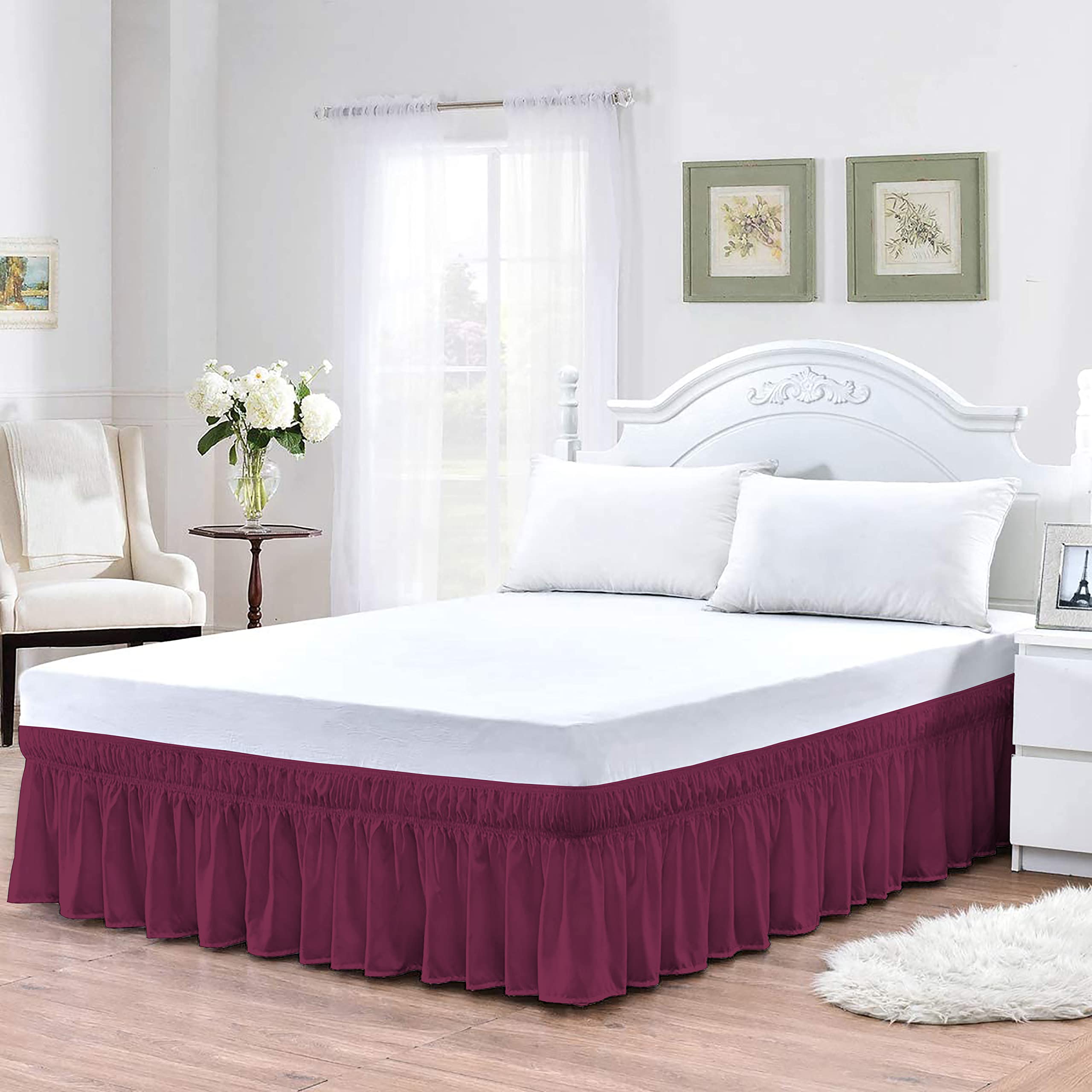 Faldas de cama fáciles de instalar tamaño Queen color vino con volantes y elástico