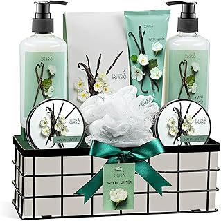 Warm Vanilla Bath and Body Gift Basket for Women & Men 8-Piece Spa Luxurious Bath Set Shea Butter, Vitamin E Fragrant Ultra Soft Lotion Hand Cream Scrubs & More Reusable Basket Perfect Holiday Gift