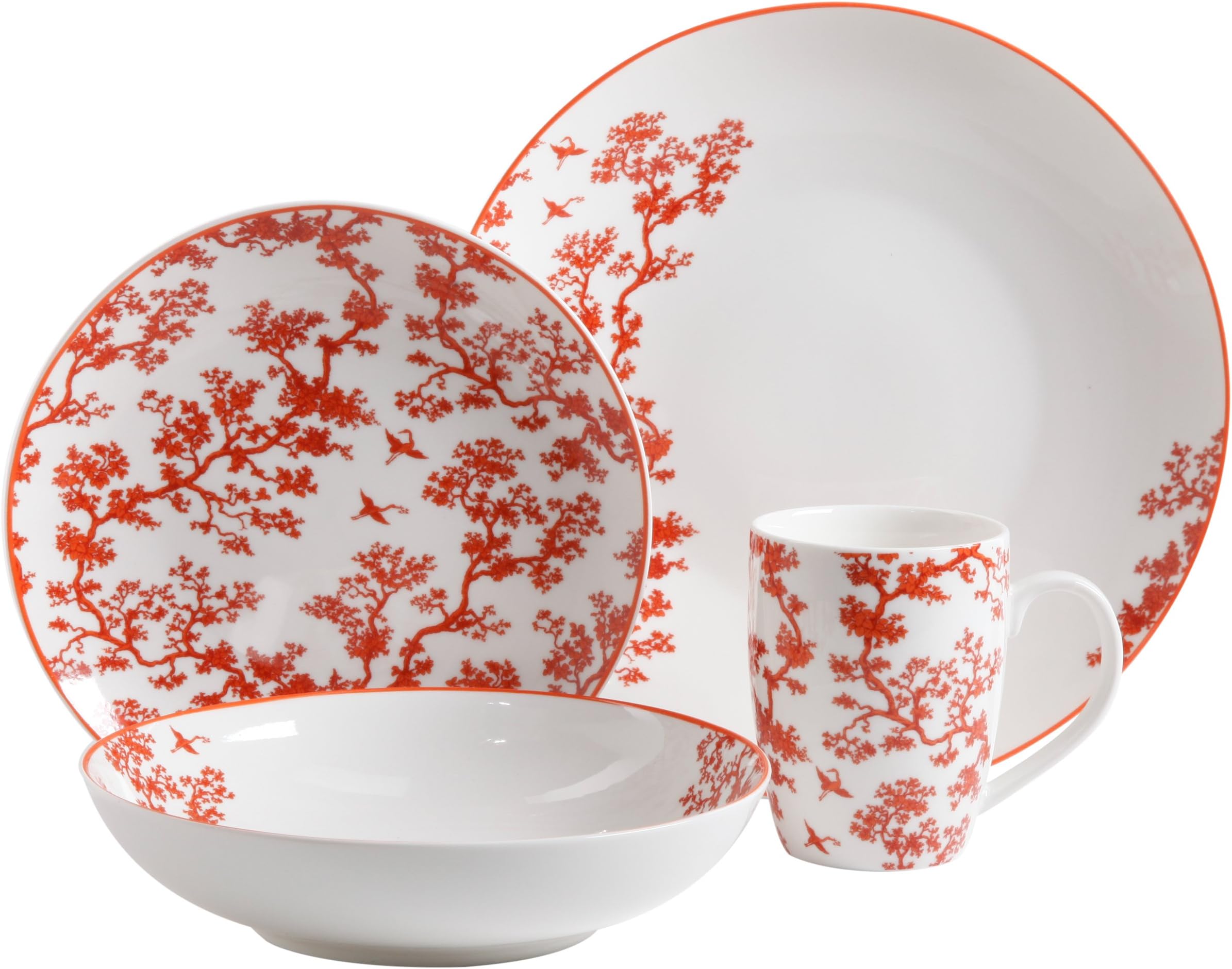4-Piece The Cranes Glazed Fine Ceramic Dinnerware Set, Coarl