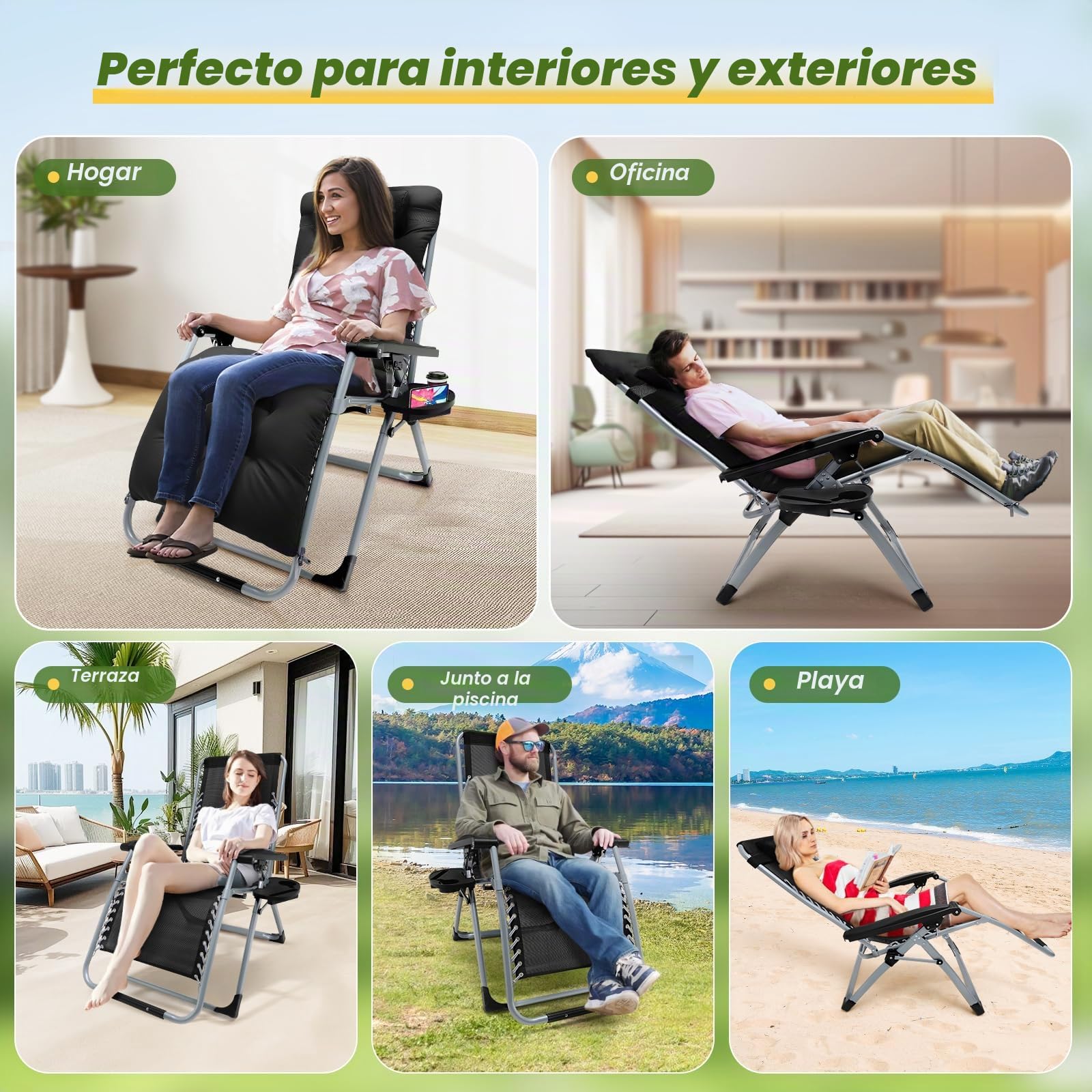 Lischwert Sillas de jardín de gravedad cero, carga de 199 kg, reclinables de textileno, reposacabezas ajustable, soporte para tazas y teléfono, tumbona plegable (negro mate)