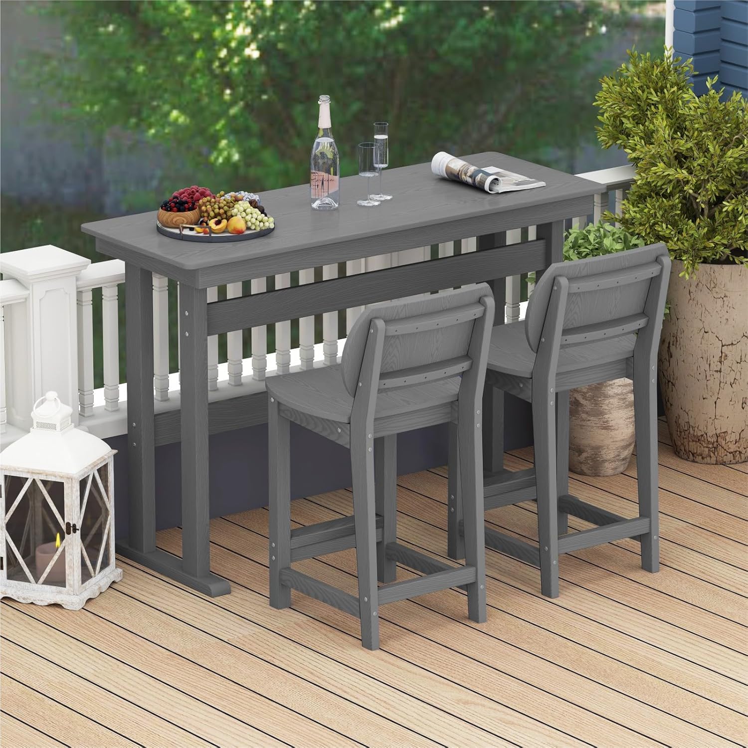 3-Piece Outdoor Patio Bar Table and Chairs Set, All-Weather HDPE High Top Table with 2 Armless Bar Stools, HDPE Bar Furniture Set for Outside, Poolside, Backyard, Garden (Grey)