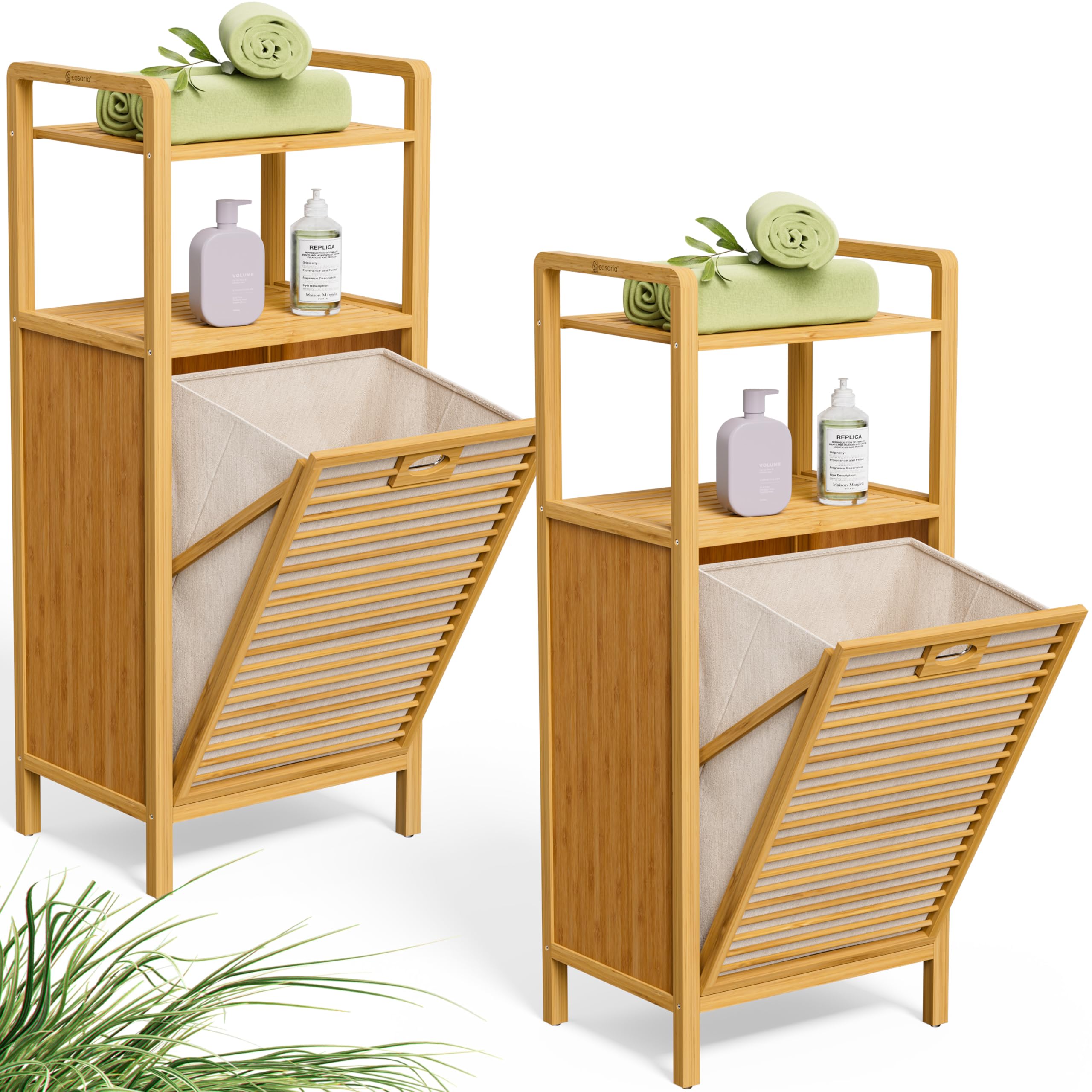 CASARIA 2er Set Badregal mit Wäschekorb – Bambus, 72 L Gesamtfassungsvermögen, 95 x 40 x 30 cm