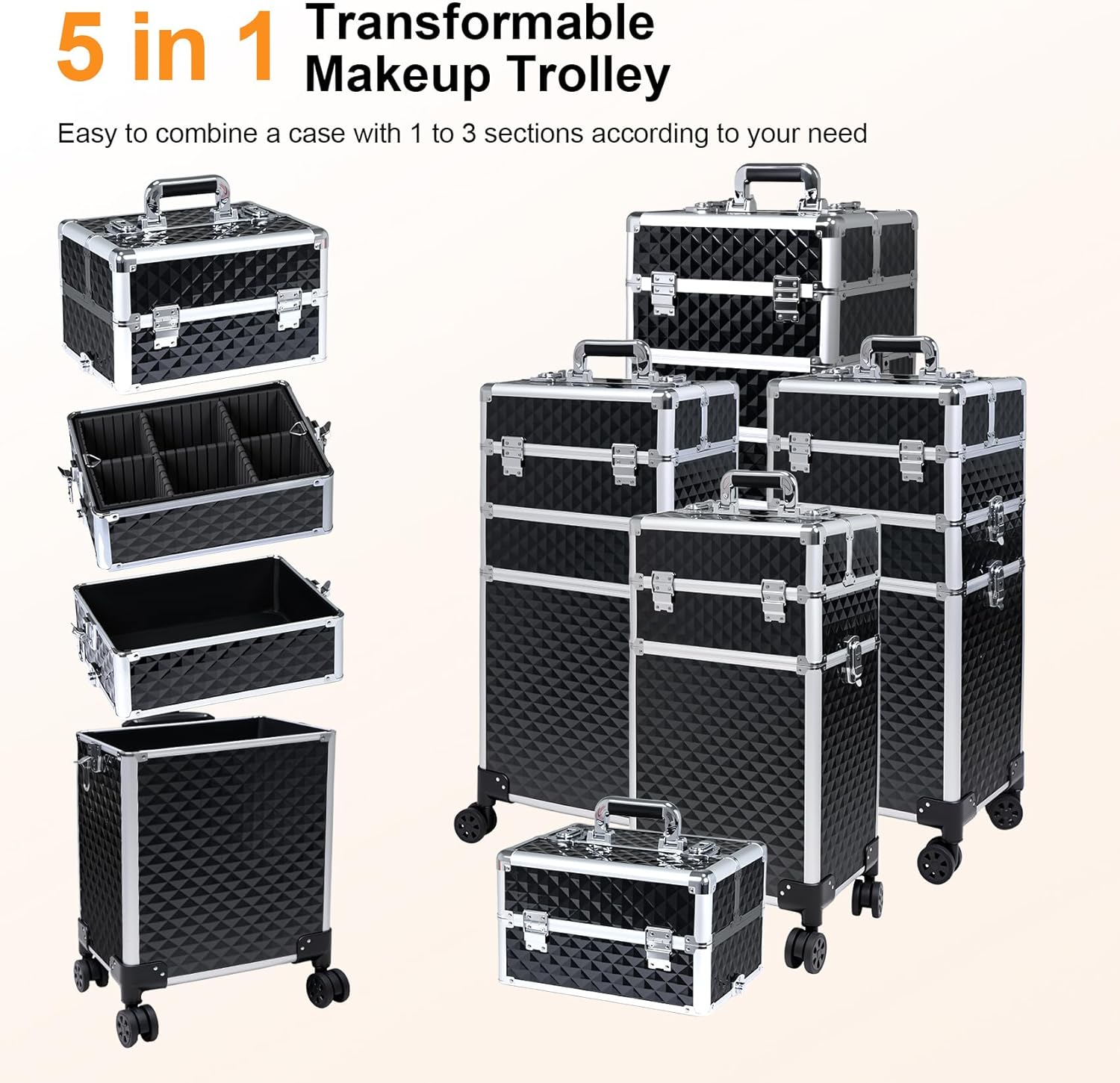Professional Rolling Makeup Case, Cosmetology Case on Wheels 4 in 1 Large Cosmetic Train Case, Ideal Gift for Hairstylist, Nail Techs, Portable Beauty Organizer for Travel or Salon Use
