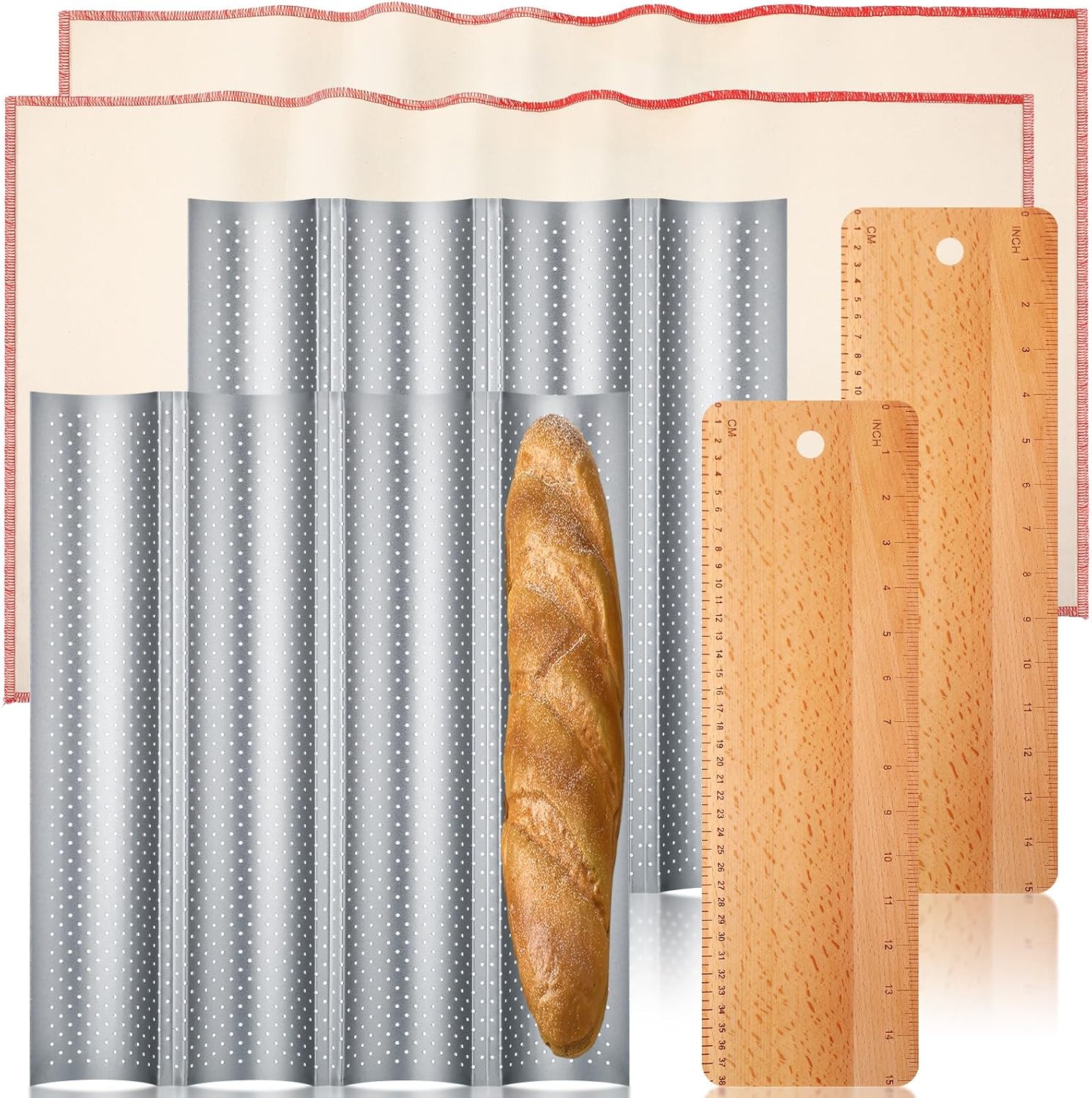 2 Sets Baguette Bread Pan Set Include 2 Pcs 15" x 13" Perforated French Bread Baking Pan 4 Nonstick Loaves Baguette Tray 2 Transfer Peel 2 Dough Couche Flax Proofing Cloth for Baker
