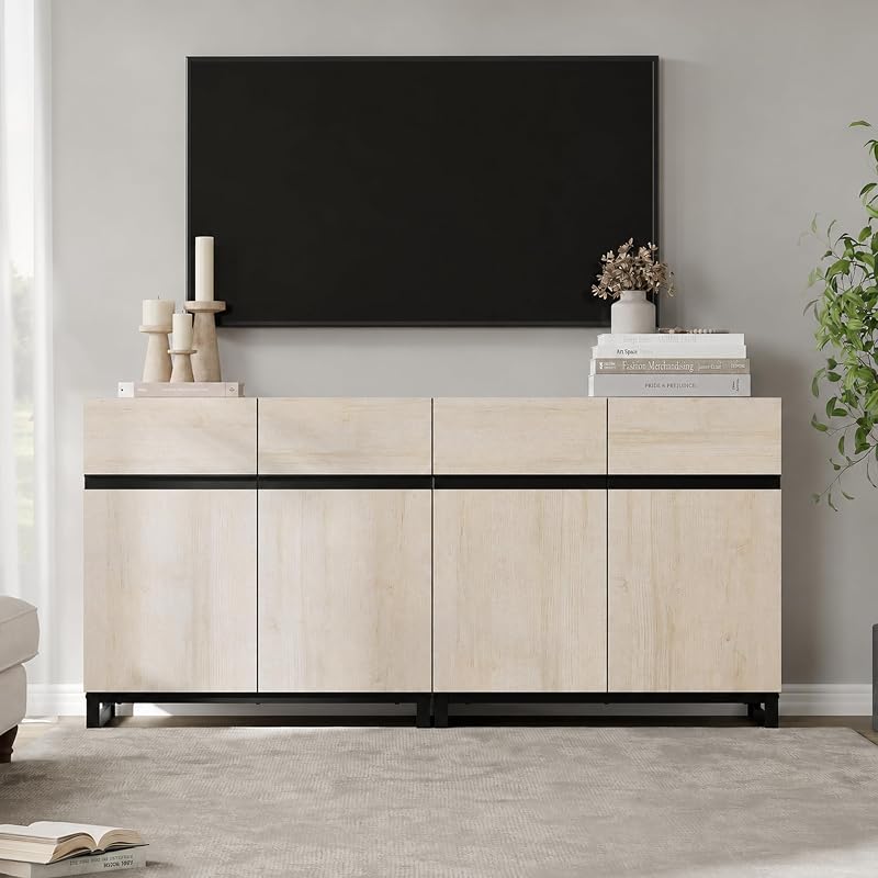 WAMPAT Modern TV Stand for TVs Up to 70 Inch, 2-in-1 Entertainment Center with Adjustable Shelves & Metal Base, Media Console for Living Room or Bedroom, Light Oak image 3