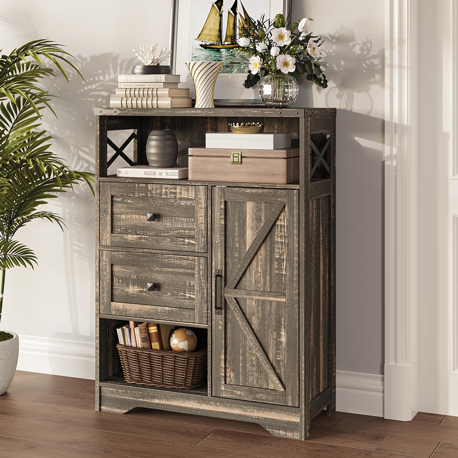 Fameill Farmhouse Storage Cabinet with 2 Drawers & Shelves,Freestanding Kitchen Cabinet with Doors,Floor Storage Organization for Living Room,Bathroom,LaundryDark Rustic Oak