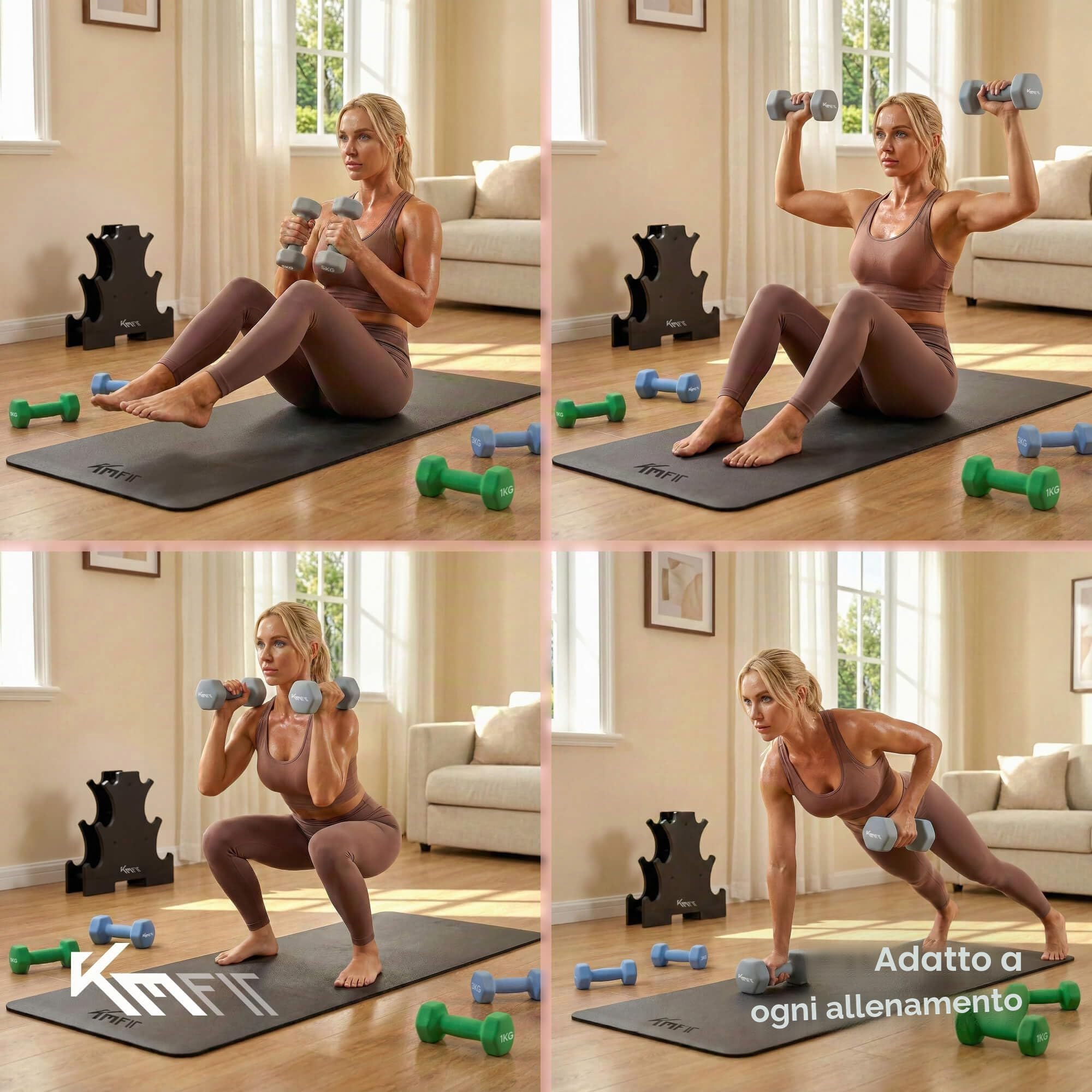 KM-Fit Set manubri 18 kg con supporto | Manubri in neoprene 1–5 kg | Impugnatura ergonomica in ghisa antiscivolo | Antirotolamento | Fitness & allenamento forza a casa