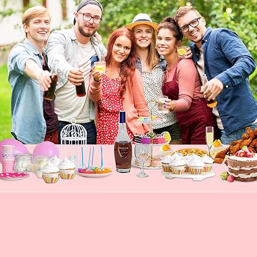 Miniatura 8 de WNINK Manteles de plástico rosa claro, paquete de 4 manteles desechables de 54 x 108 pulgadas, manteles de plástico rosa pastel para fiestas,