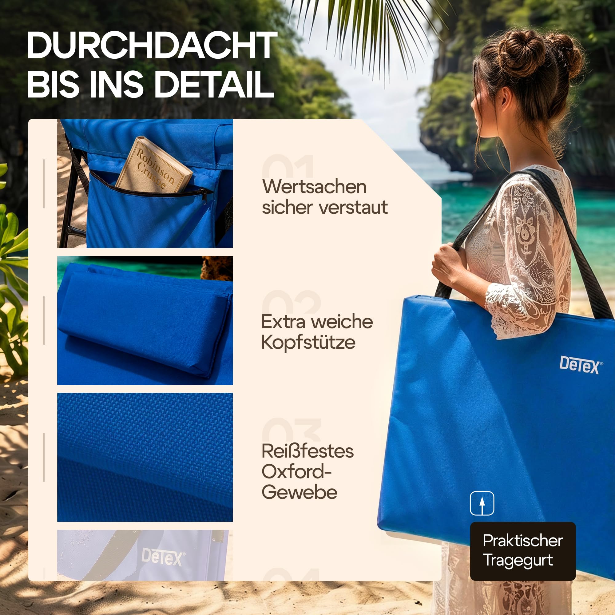 DETEX® 2er Set Strandliege Faltbar Leicht Strandmatte Gepolstert mit Rückenlehne Kissen Handyhülle Sonnenliege Klappbar 2 Personen Liegestuhl Blau