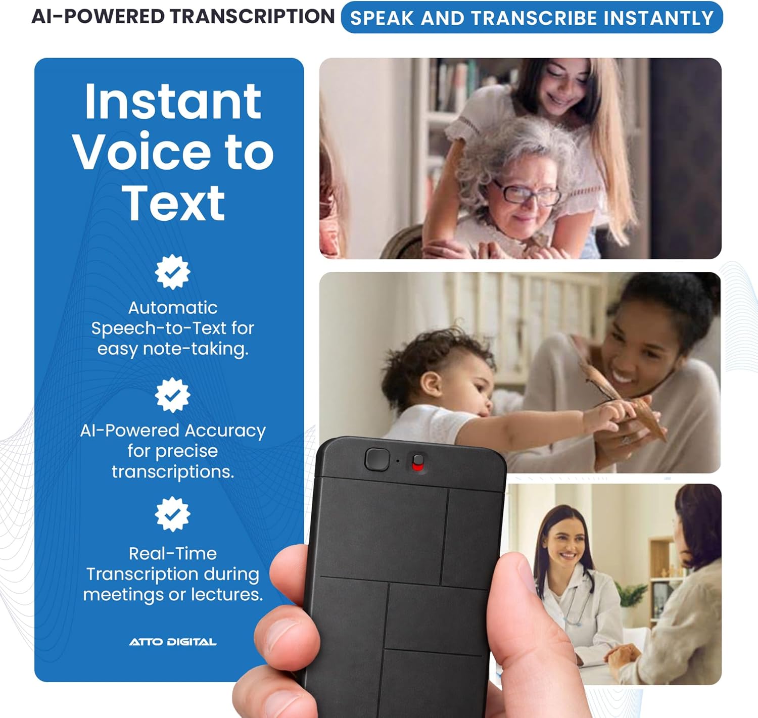 aTTo Digital AI Voice Recorder – AI Transcription, Multiple Languages & Noise Cancellation – 64GB Memory, 500 Hours Recording & 30-Hour Battery – Portable, Compact Design for Professionals & Students