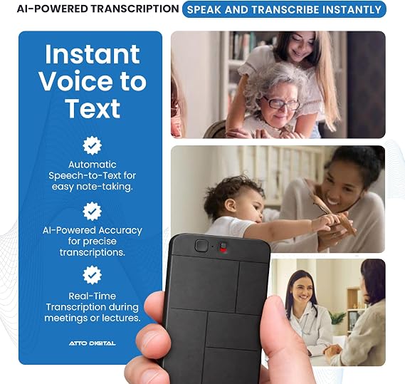 aTTo Digital AI Voice Recorder AI Transcription, Multiple Languages & Noise Cancellation 64GB Memory, 500 Hours Recording & 30-Hour Battery Portable, Compact Design for Professionals & Students