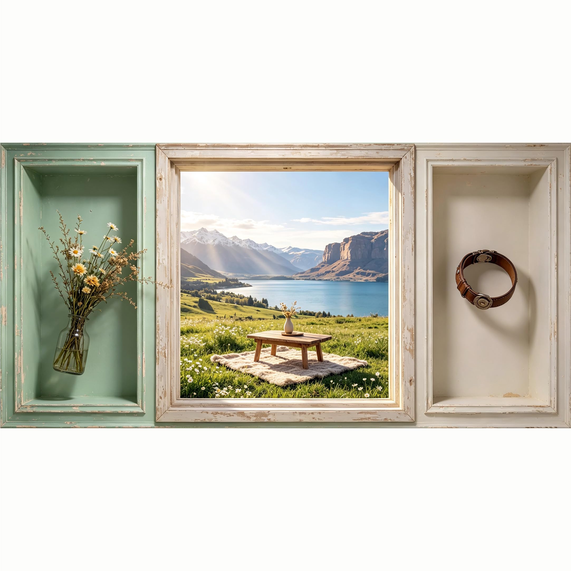 QZLITHOTIC 50x100cm 3D Framed Wall Art， Mountain Lake Landscape Scenery Self‑Adhesive Mural， Water‑Activated Peel & Stick Fabric Decor Wall Decal for Bedroom Living Room