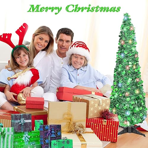 Miniatura 7 de Árbol de Navidad de lápiz de 5 pies, árbol de Navidad plegable con lentejuelas artificiales, árboles de Navidad de oropel delgado, árbol de Navidad