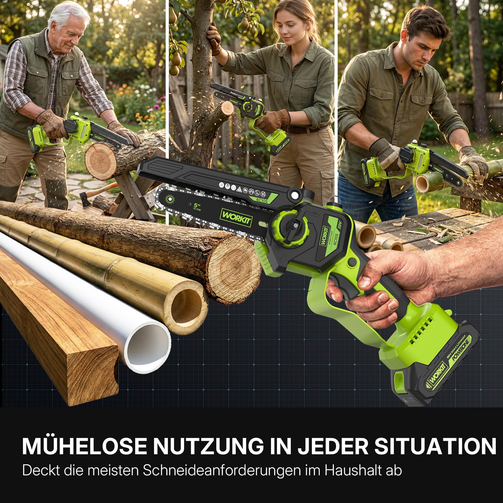 WORKIT 20V Akku Kettensäge mit 2 Akkus, bürstenlose Mini Kettensäge mit automatischem Ölsystem, 12 cm Schnittlänge, Kettensäge Akku für Einhandbedienung und Gartenpflege